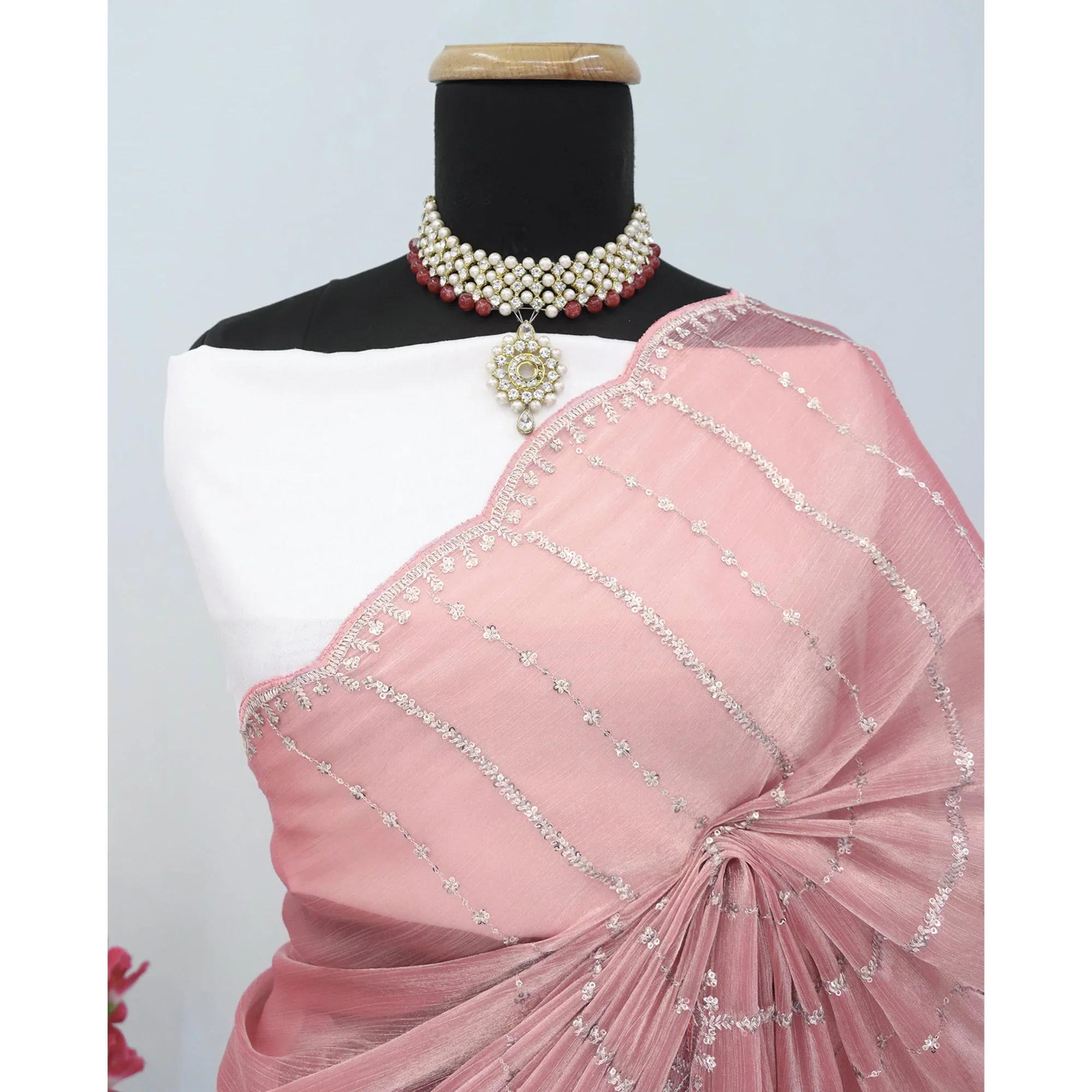 Peach Sequins Work Embroidered Chiffon Saree - Image 7