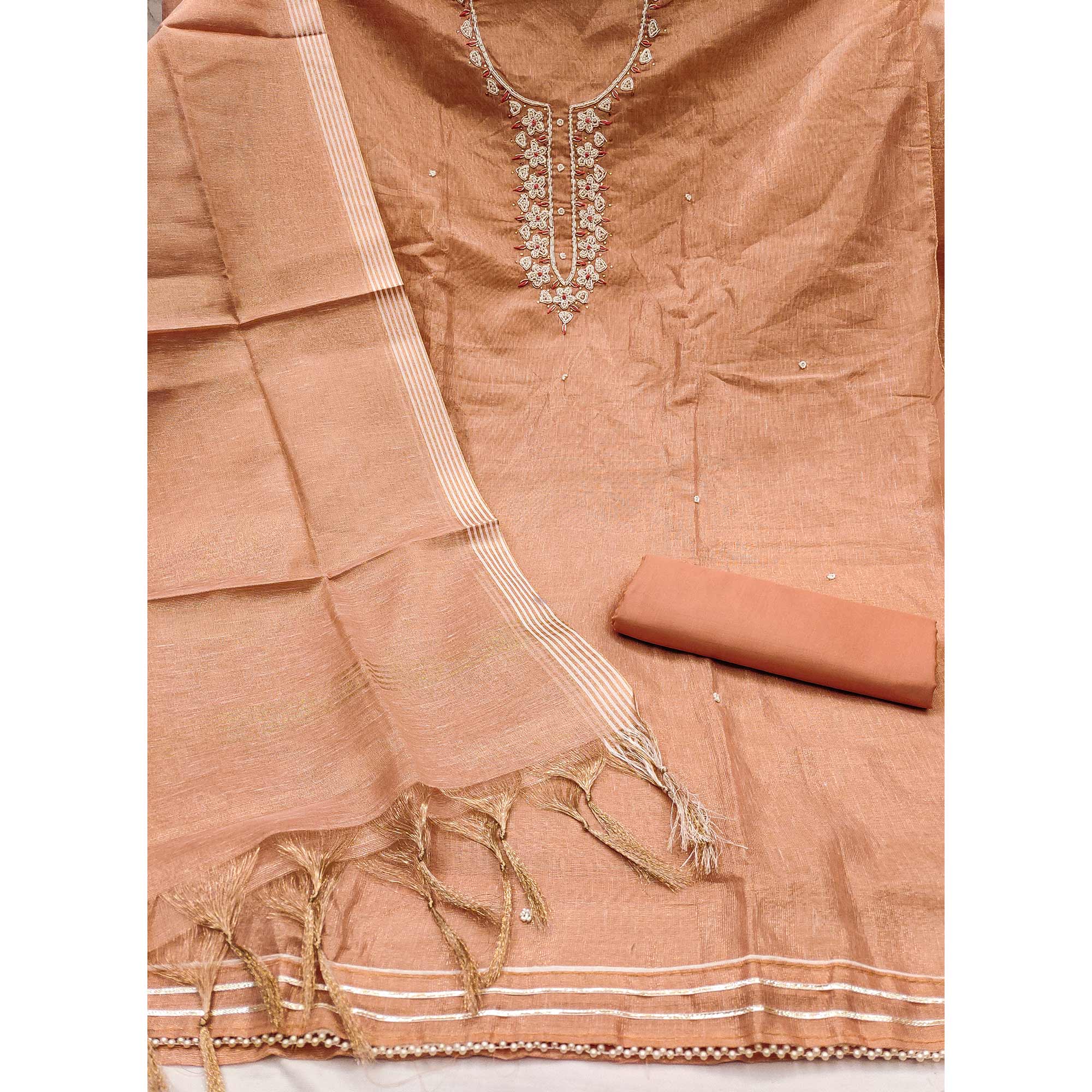 Peach Shimmer Cotton Pure Cotton Dress Material With Intricate Moti & Stones Handwork - Image 4