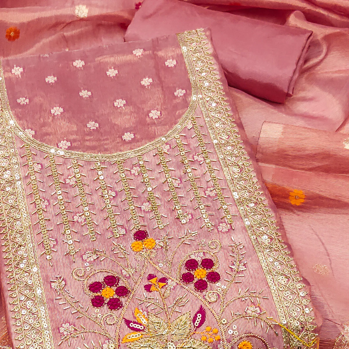 Peach Shimmer Dress Material Adorned With Graceful Floral Weaving & Delicate Sequins Embroidery - Image 2