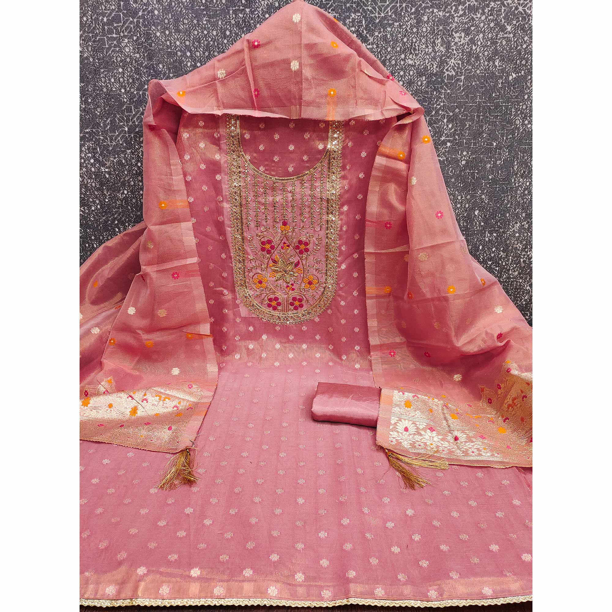 Peach Shimmer Dress Material Adorned With Graceful Floral Weaving & Delicate Sequins Embroidery - Image 3