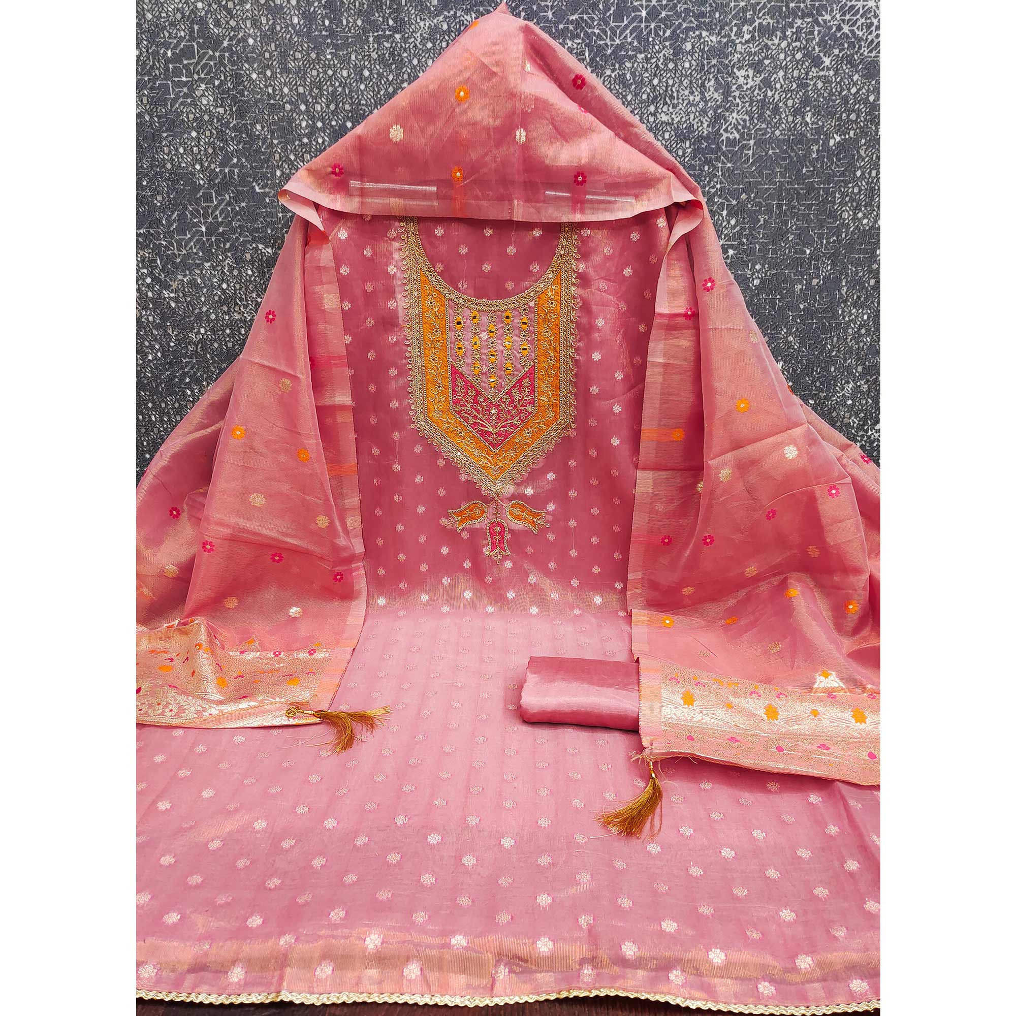 Peach Shimmer Dress Material Featuring Floral Weaving & Sparkling Sequins Embroidery - Image 3