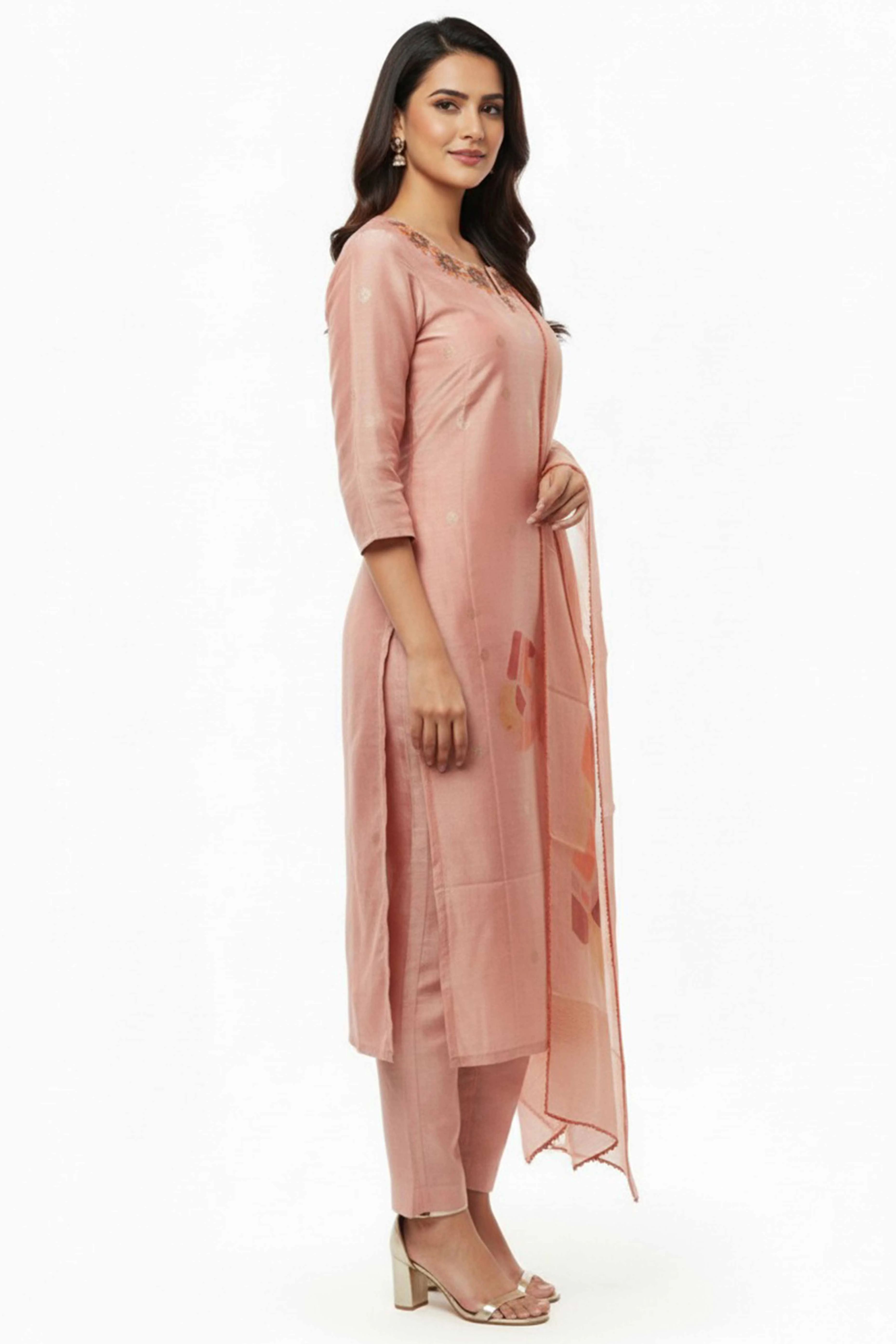 Peach Shimmer Straight Salwar Suit Featuring Intricate Floral Embroidery on the Neckline - Image 4