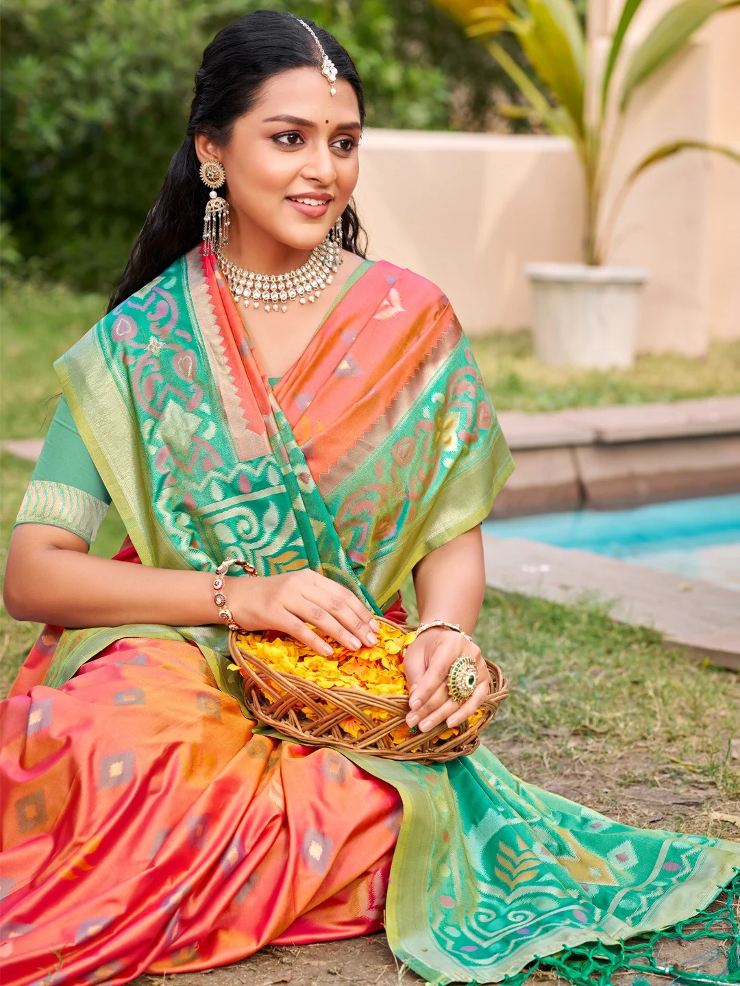 Peach Silk Blend Saree Featuring Classic Ikkat Print and Intricate Woven Design Finish - Image 2