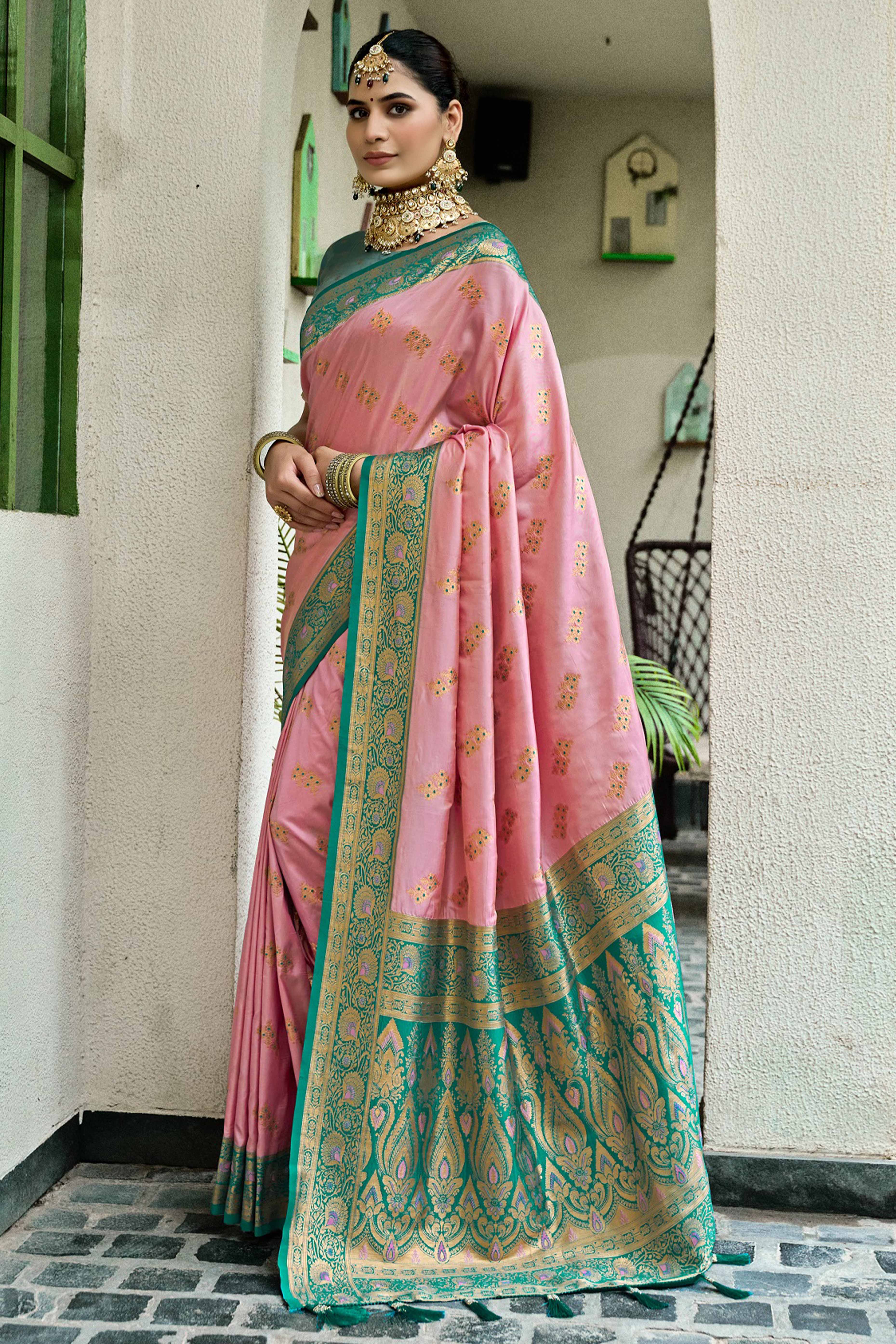 Peach Silk Blend Saree Featuring Intricate Floral Zari Work - Image 3