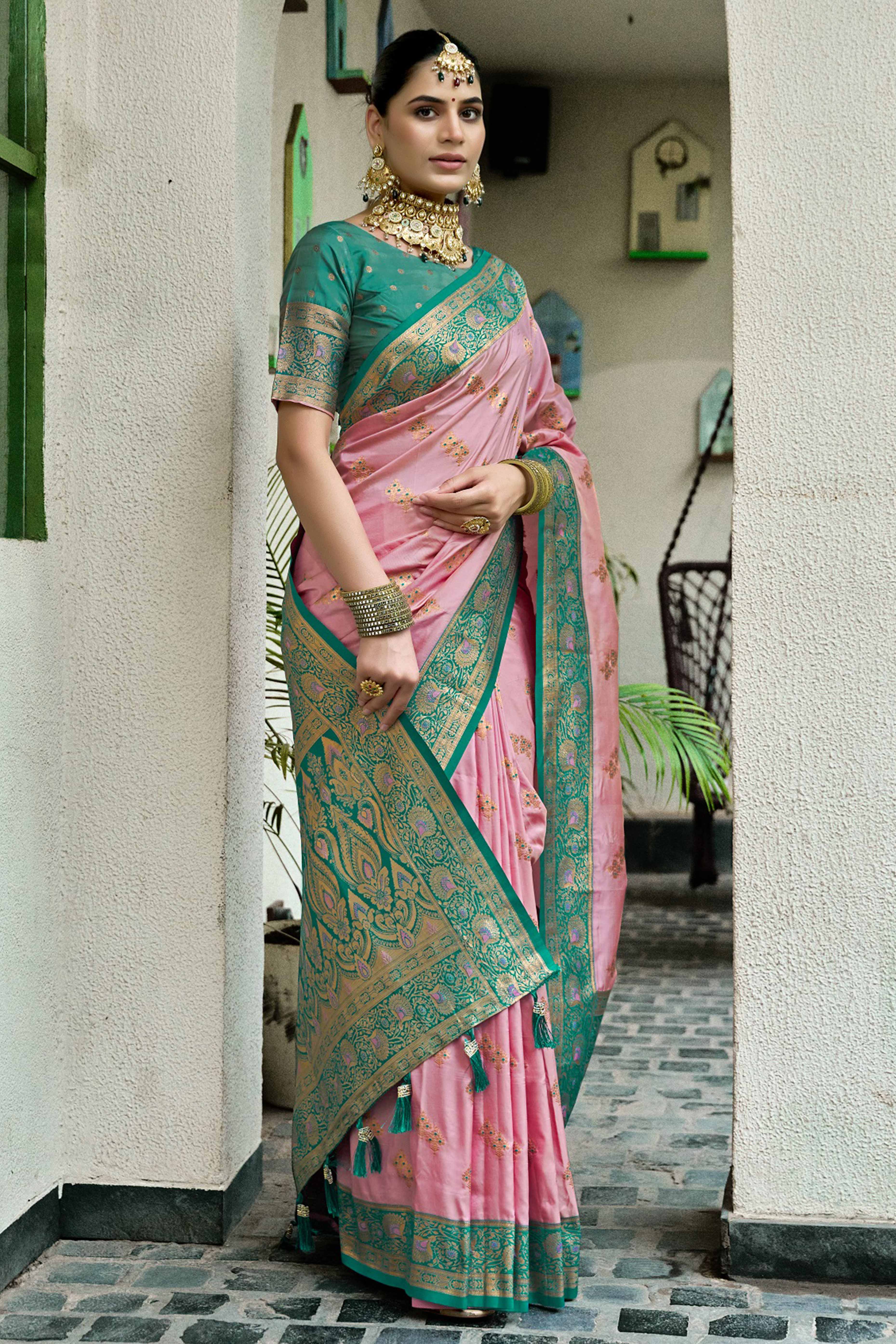 Peach Silk Blend Saree Featuring Intricate Floral Zari Work - Image 4