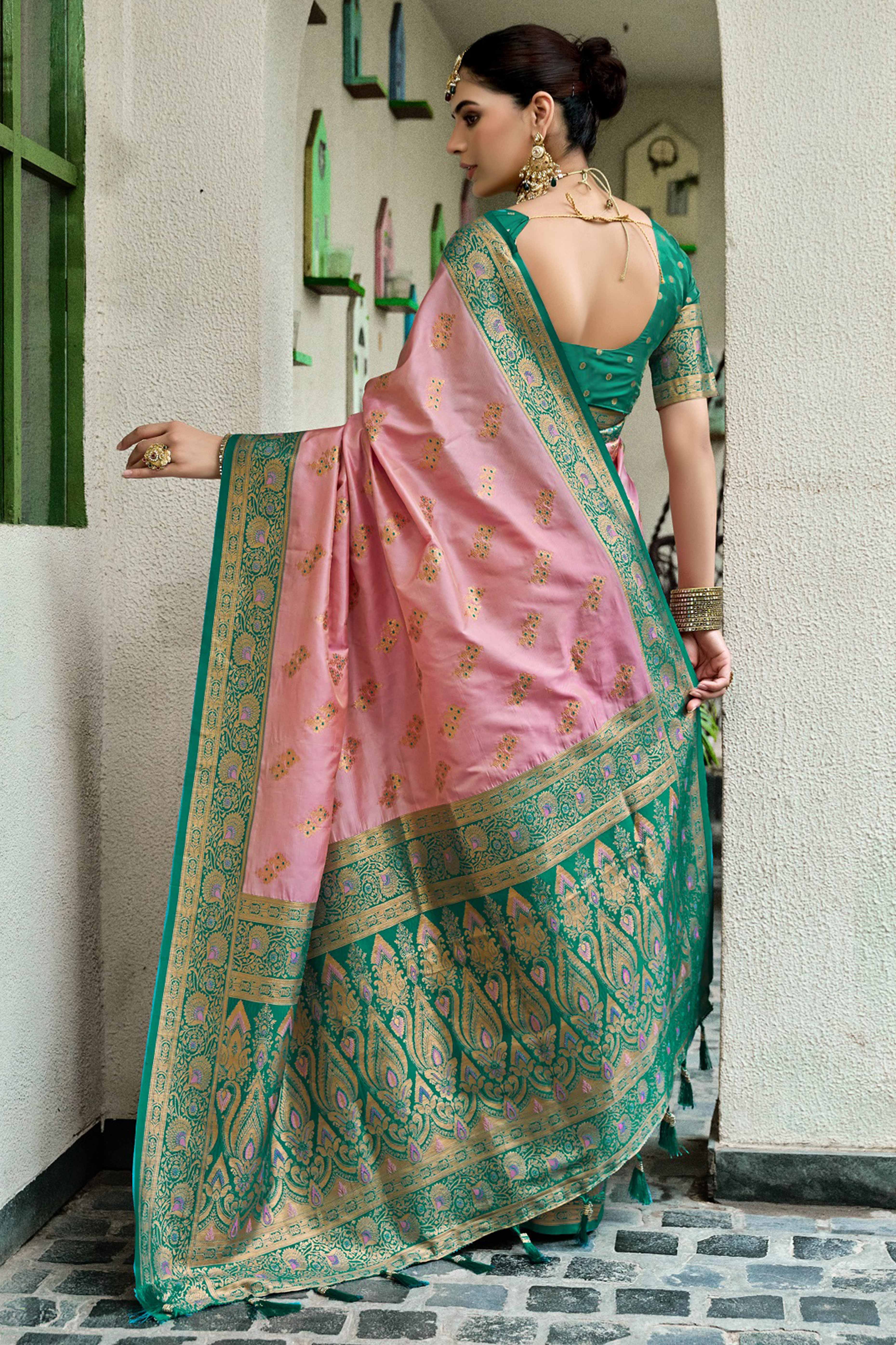 Peach Silk Blend Saree Featuring Intricate Floral Zari Work - Image 5