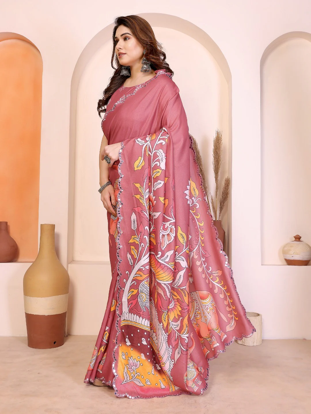 Peach Silk Blend Saree with Digital Print & Mirror Embellished Border - Image 4