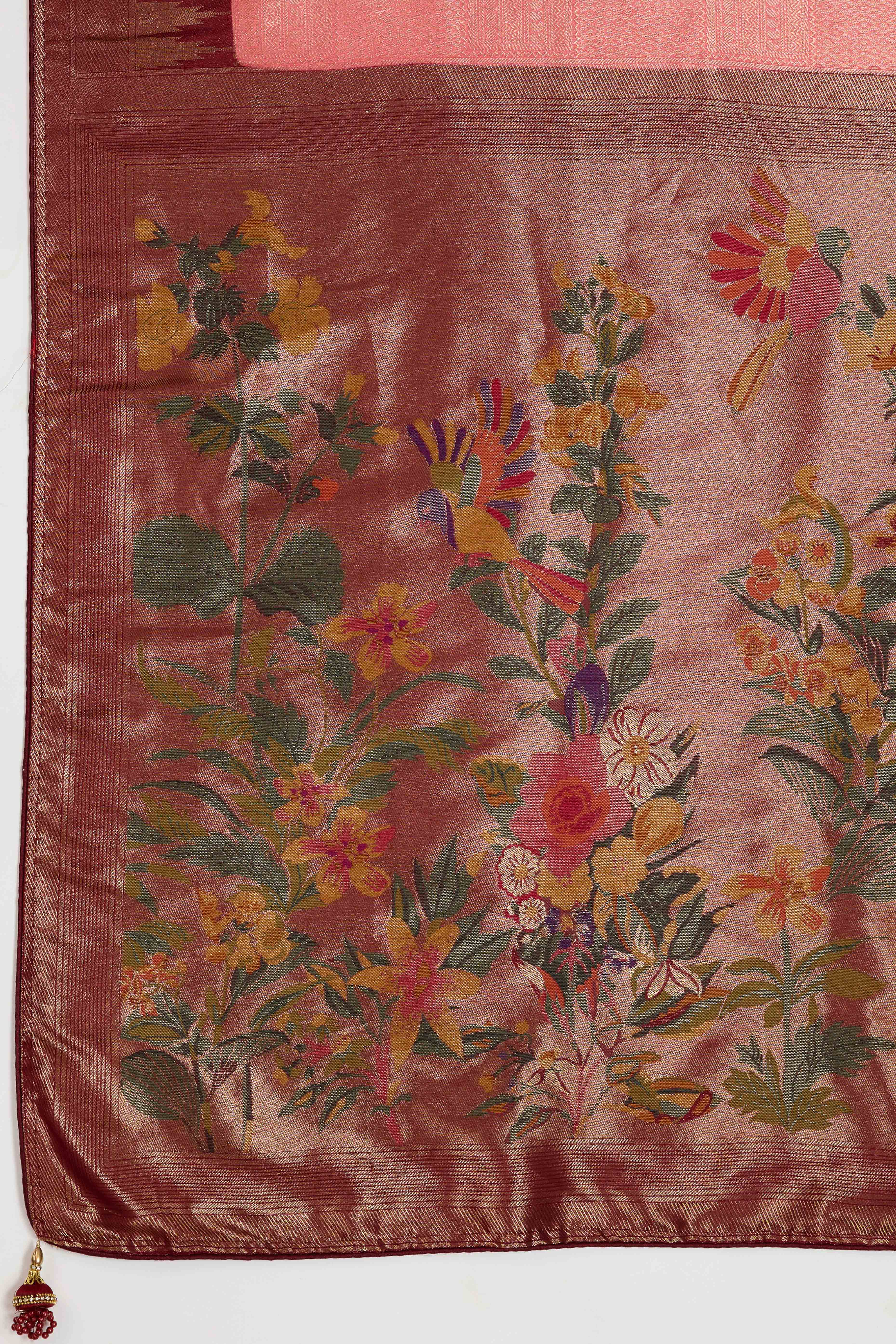 Peach Silk Kanjivaram Saree Enhanced With Kadiyal Weaving Borders - Image 7