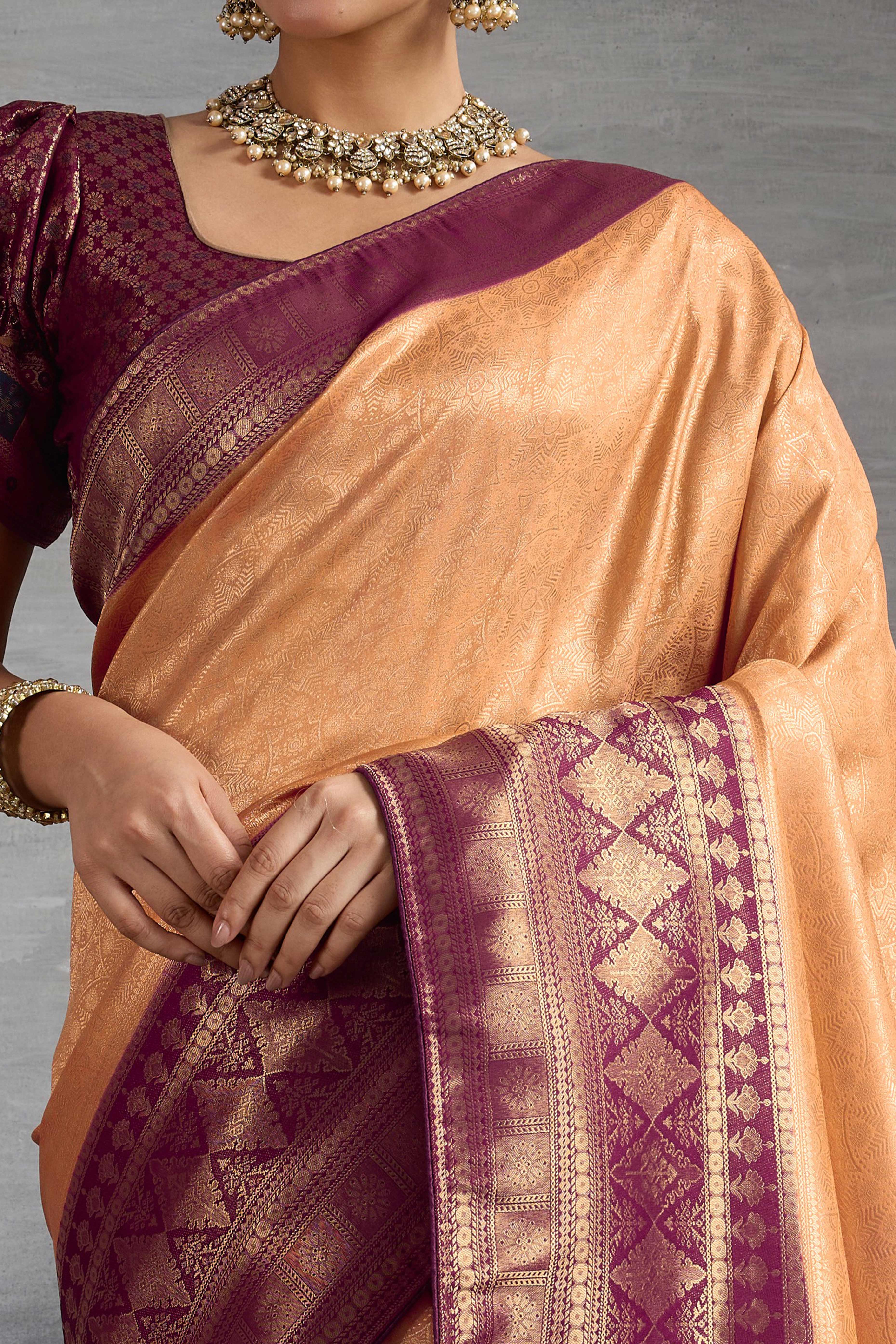 Peach Silk Kanjivaram Silk Saree Enhanced With Meenakari Weaving Borders - Image 2