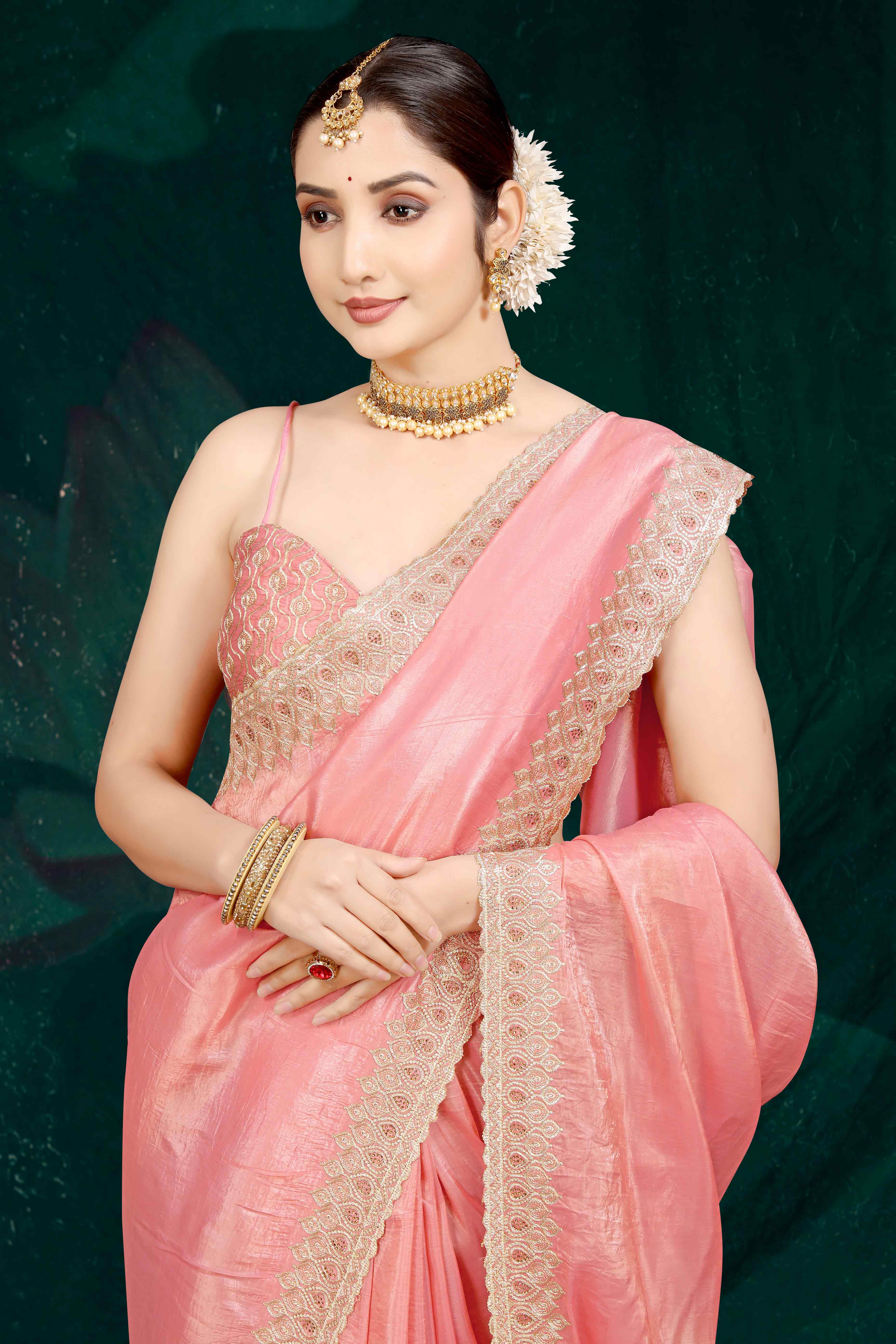 Peach Solid With Swarovski Work Tissue Gold Crush Saree - Image 6