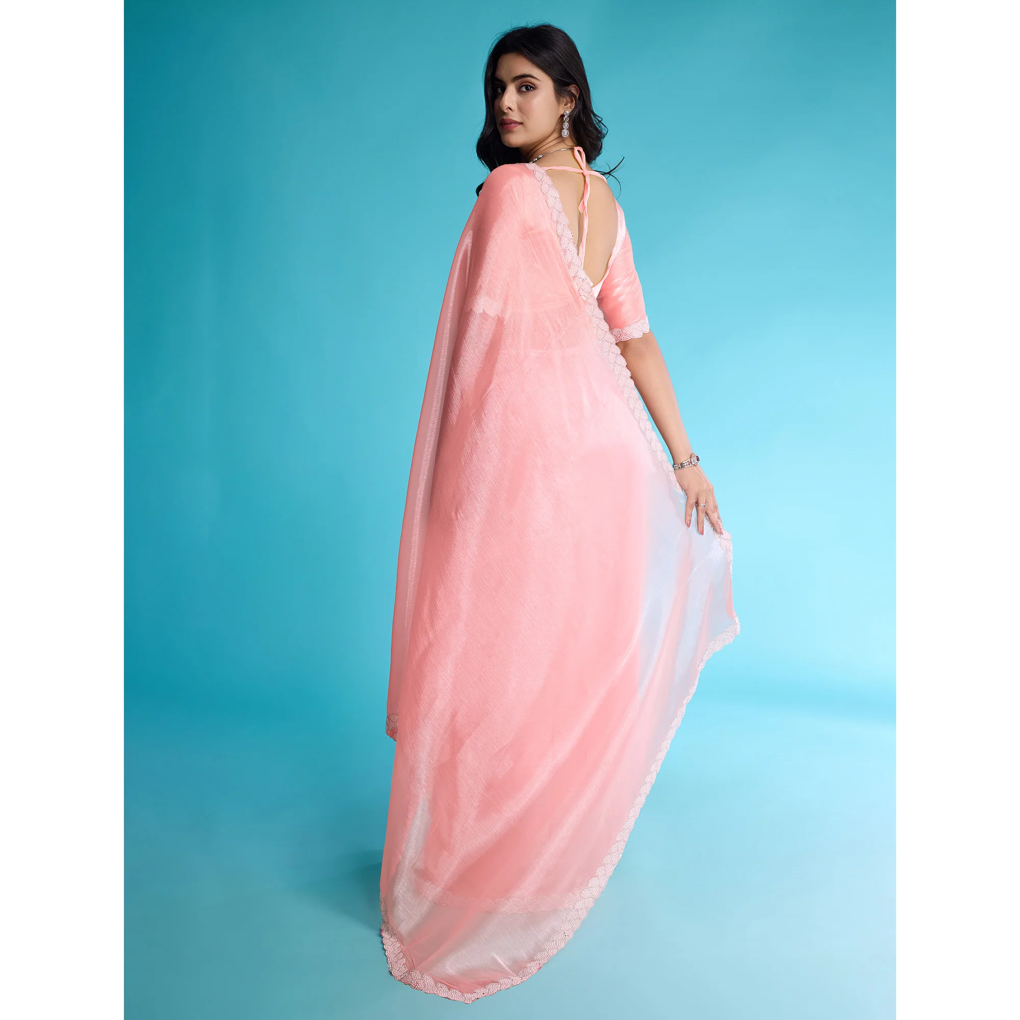 Peach Solid With Zarkan & Ceramic Pearl Diamond Lace Tissue Saree - Image 6