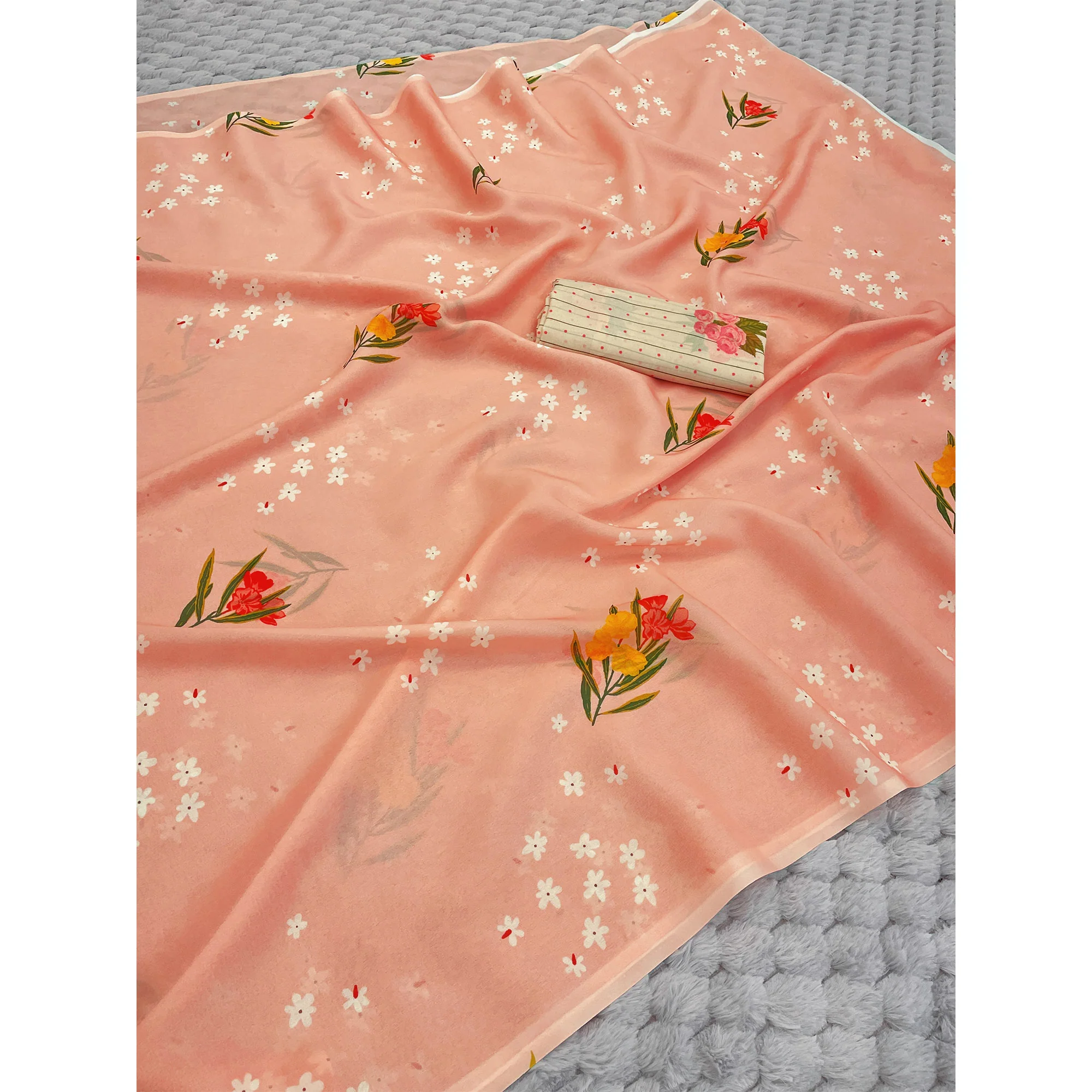 Peach Sparkle Star Georgette Saree Adorned With Floral Digital Prints - Image 3