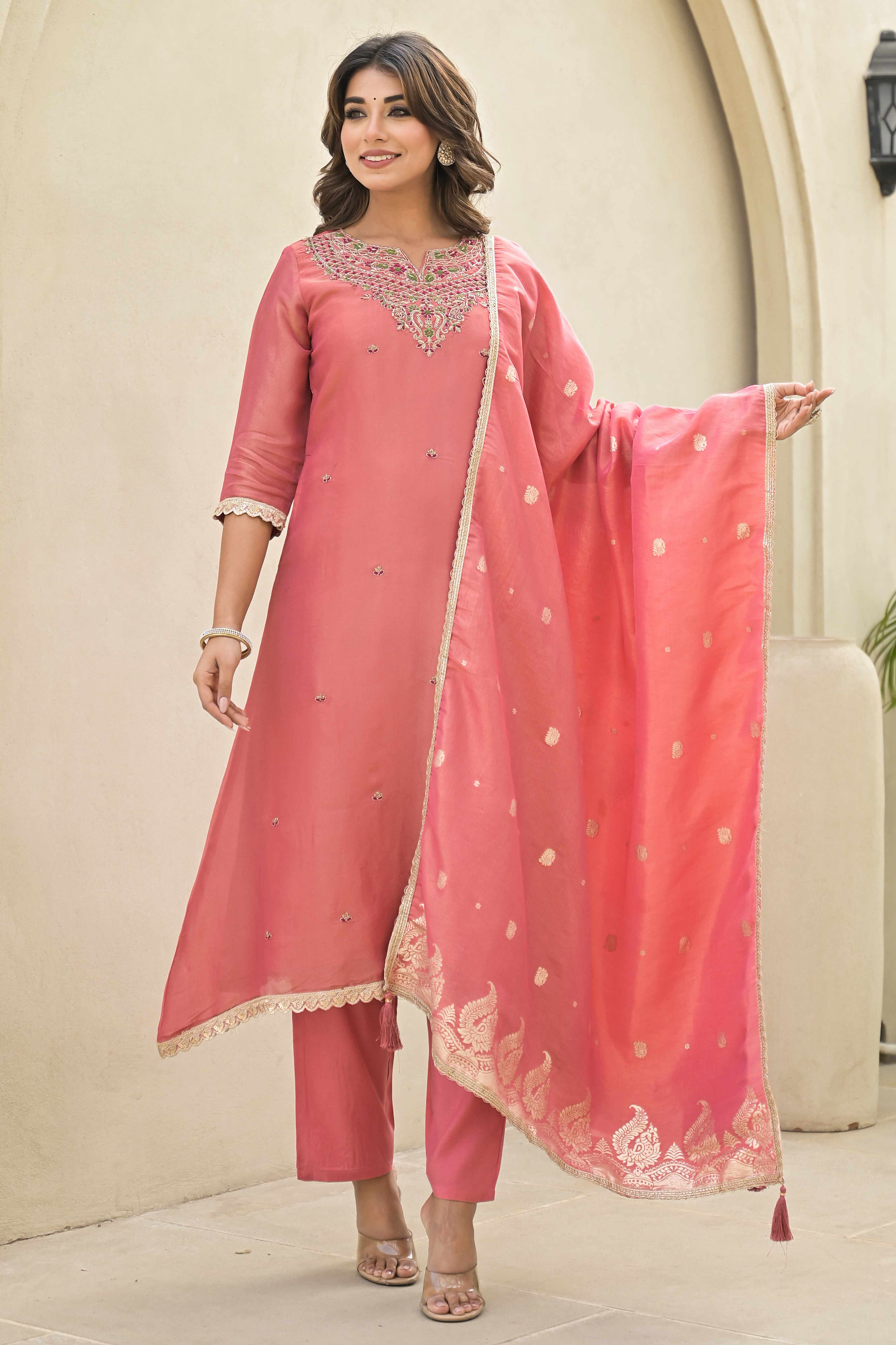 Peach Stone Work Embroidered Kanjivaram Silk Anarkali Salwar Suit - Image 4