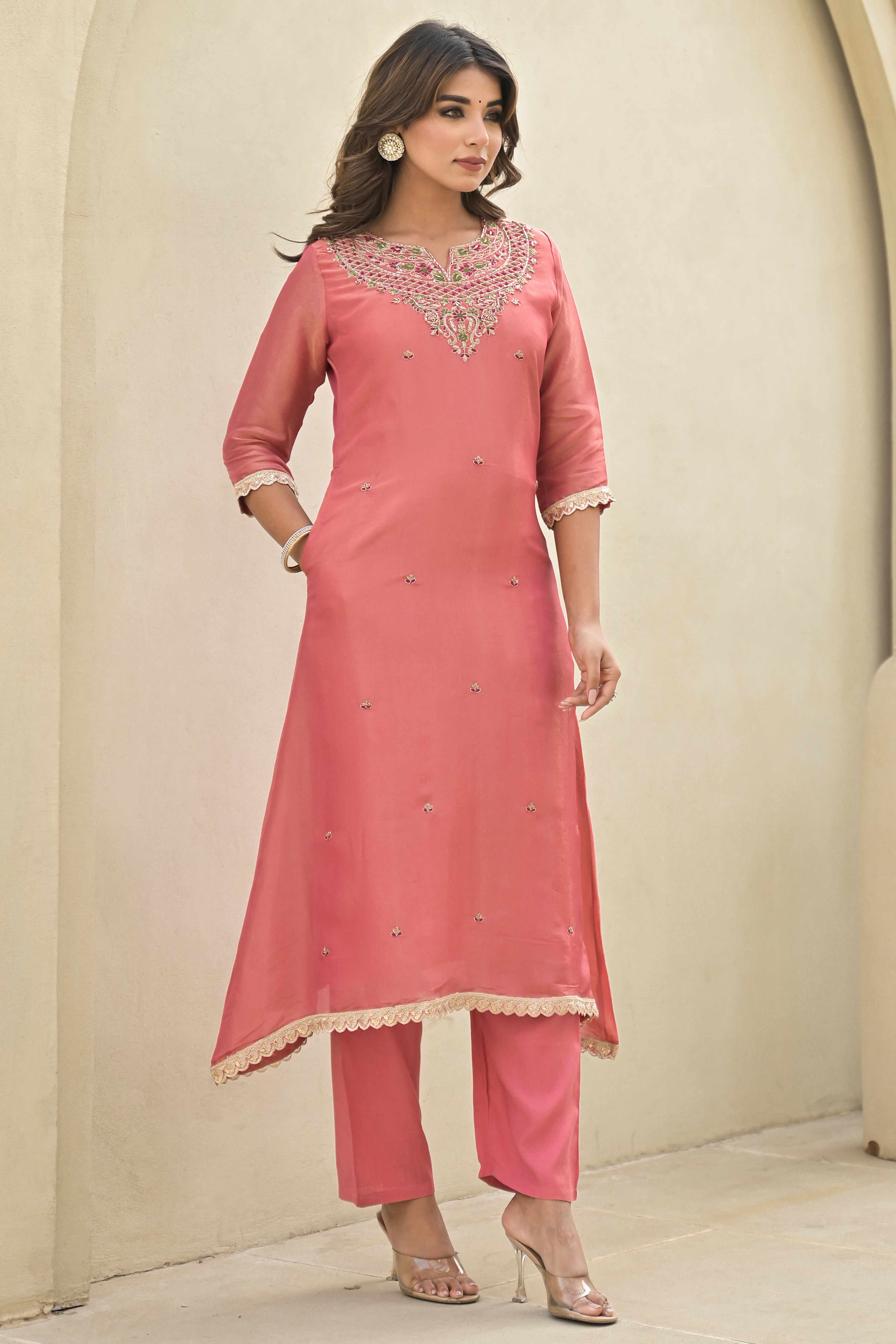 Peach Stone Work Embroidered Kanjivaram Silk Anarkali Salwar Suit - Image 5