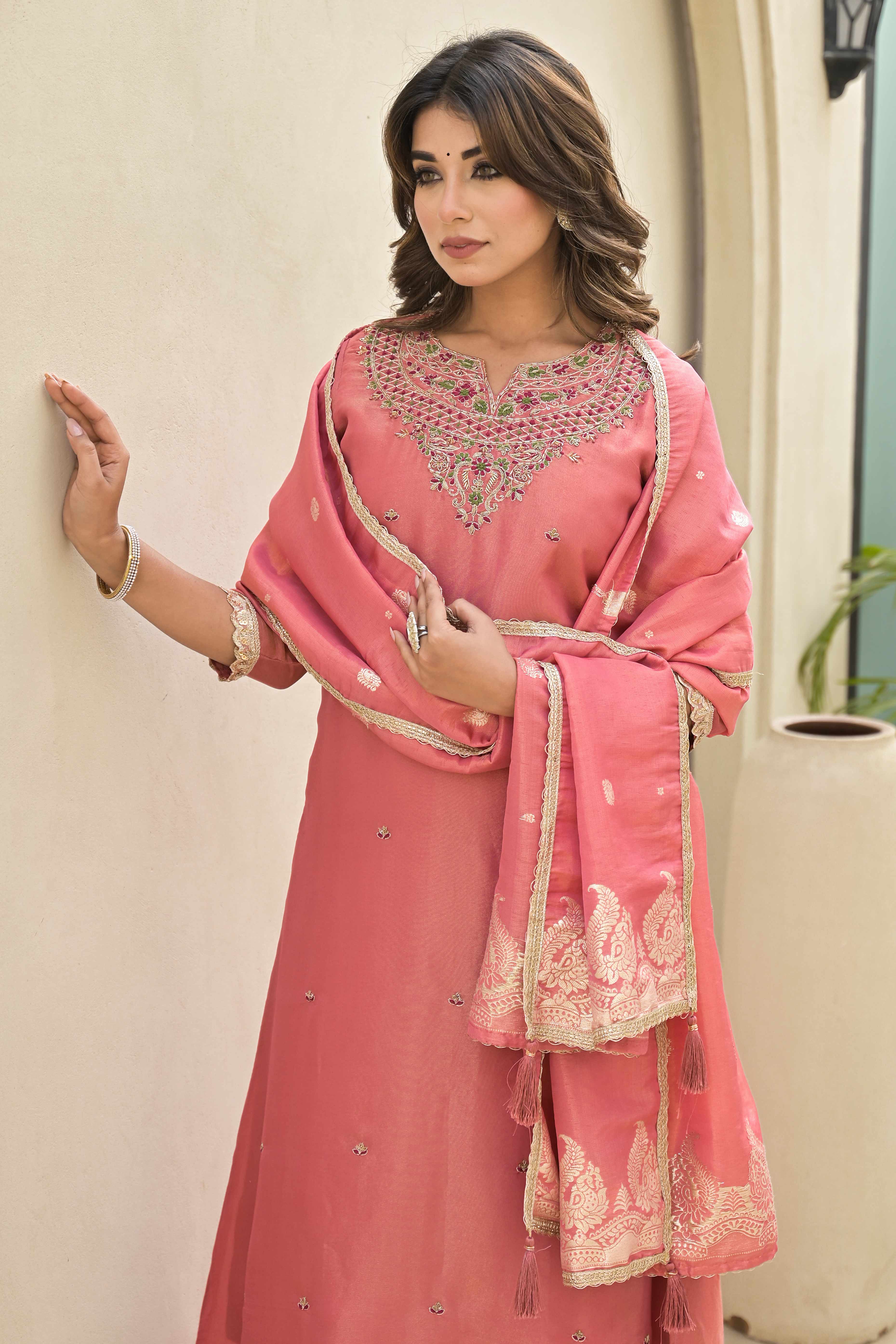 Peach Stone Work Embroidered Kanjivaram Silk Anarkali Salwar Suit - Image 7