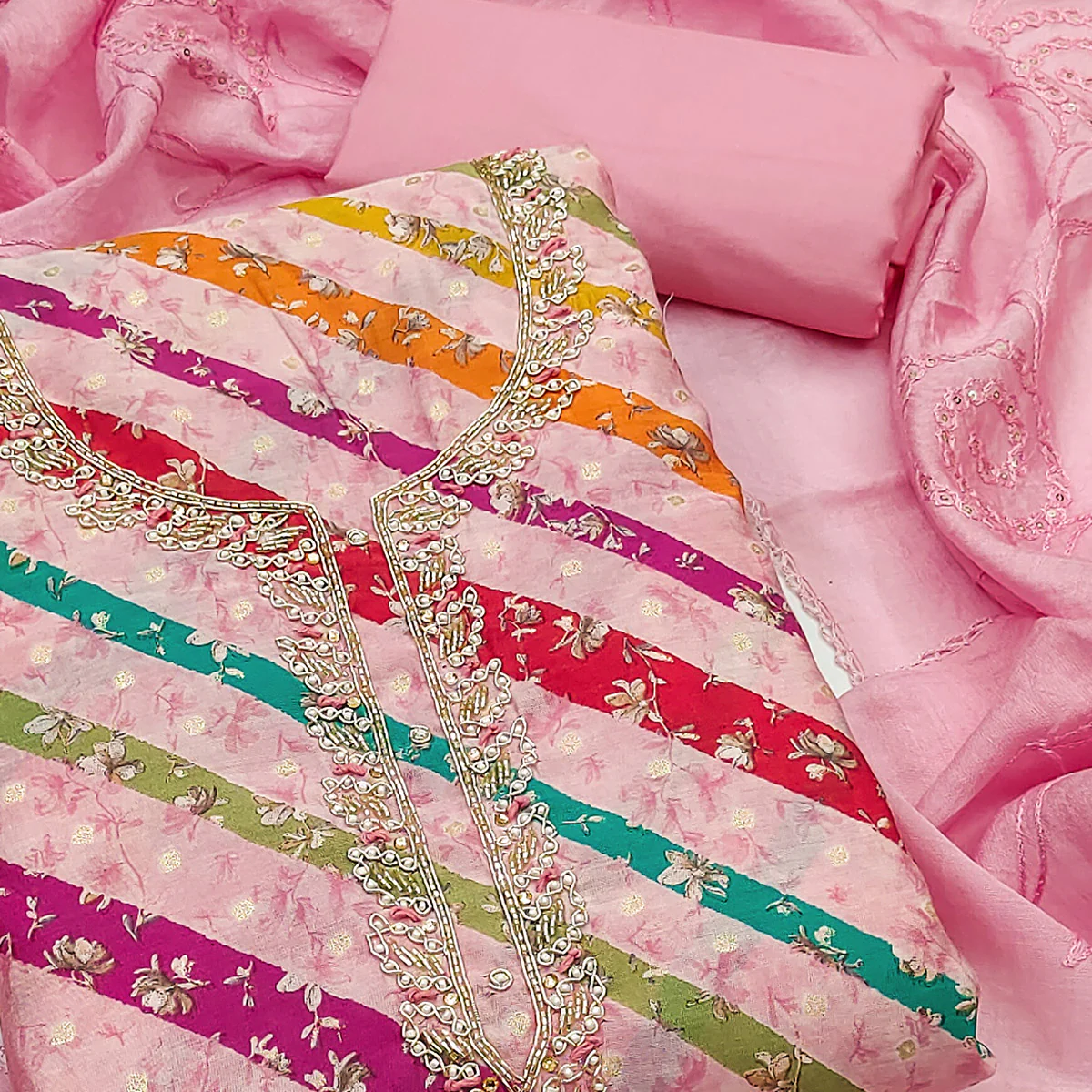 Pink Striped Printed Pure Cotton Dress Material - Image 2