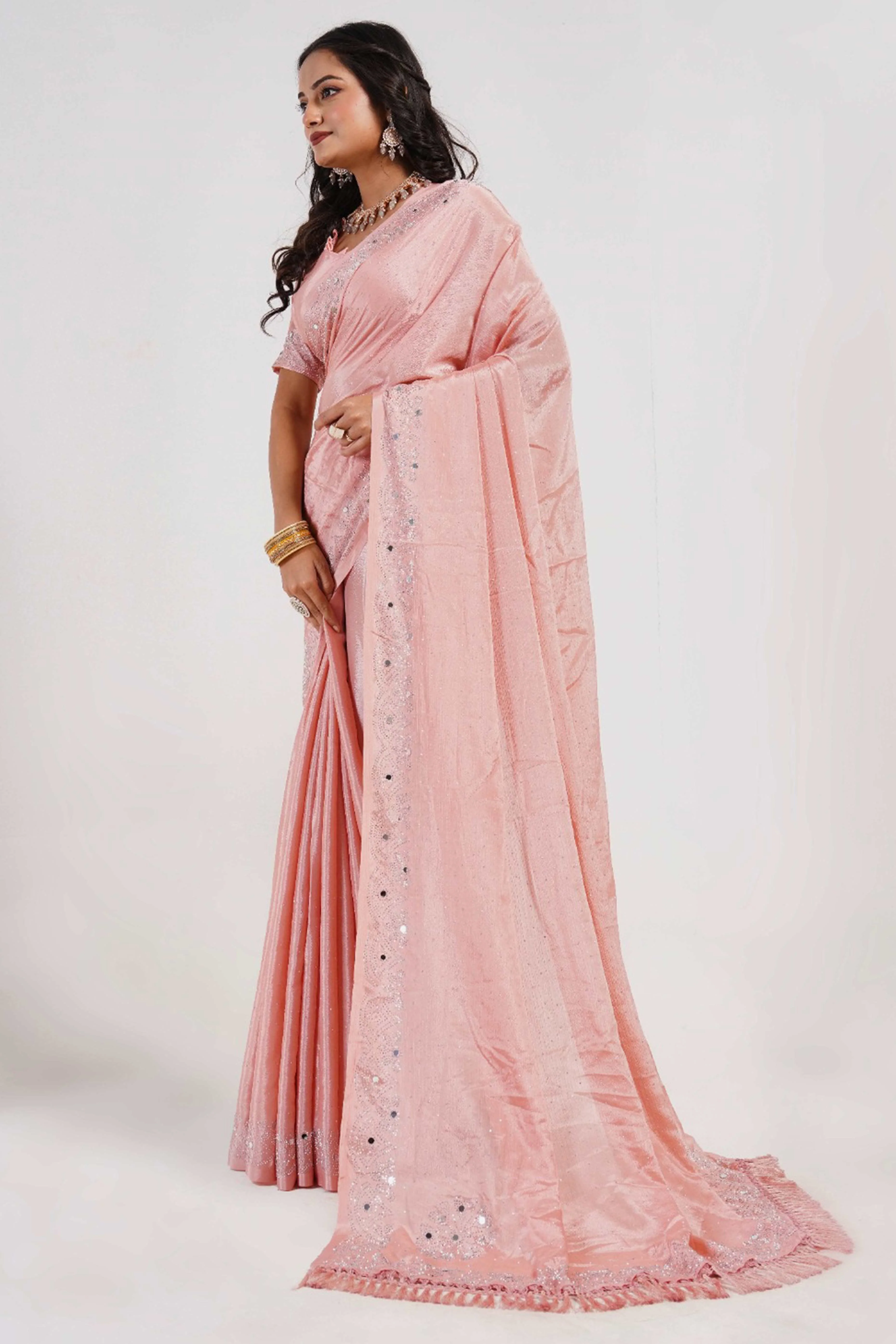 Peach Swarovski With Mirror Work Chinon Saree - Image 3
