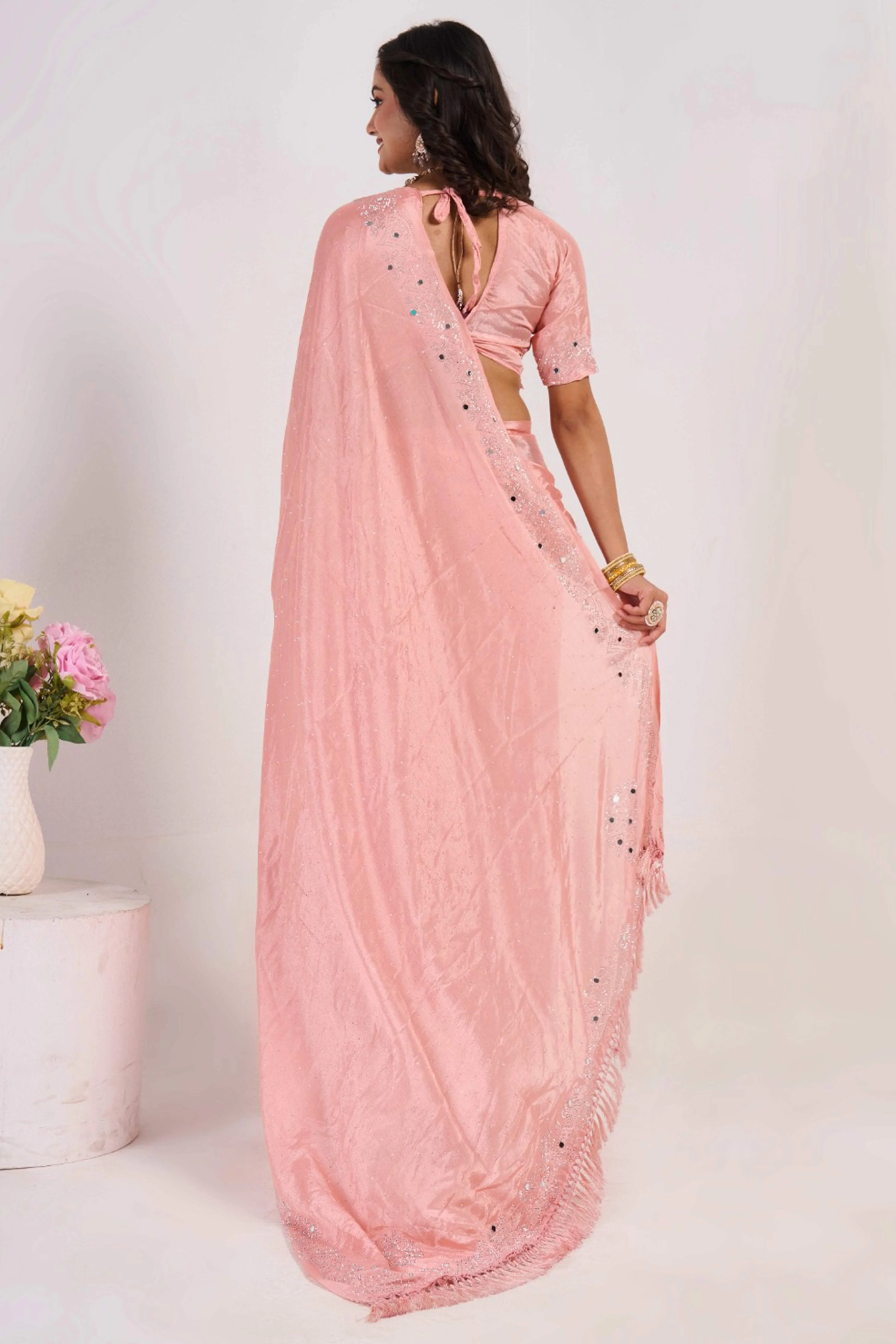 Peach Swarovski With Mirror Work Chinon Saree - Image 5