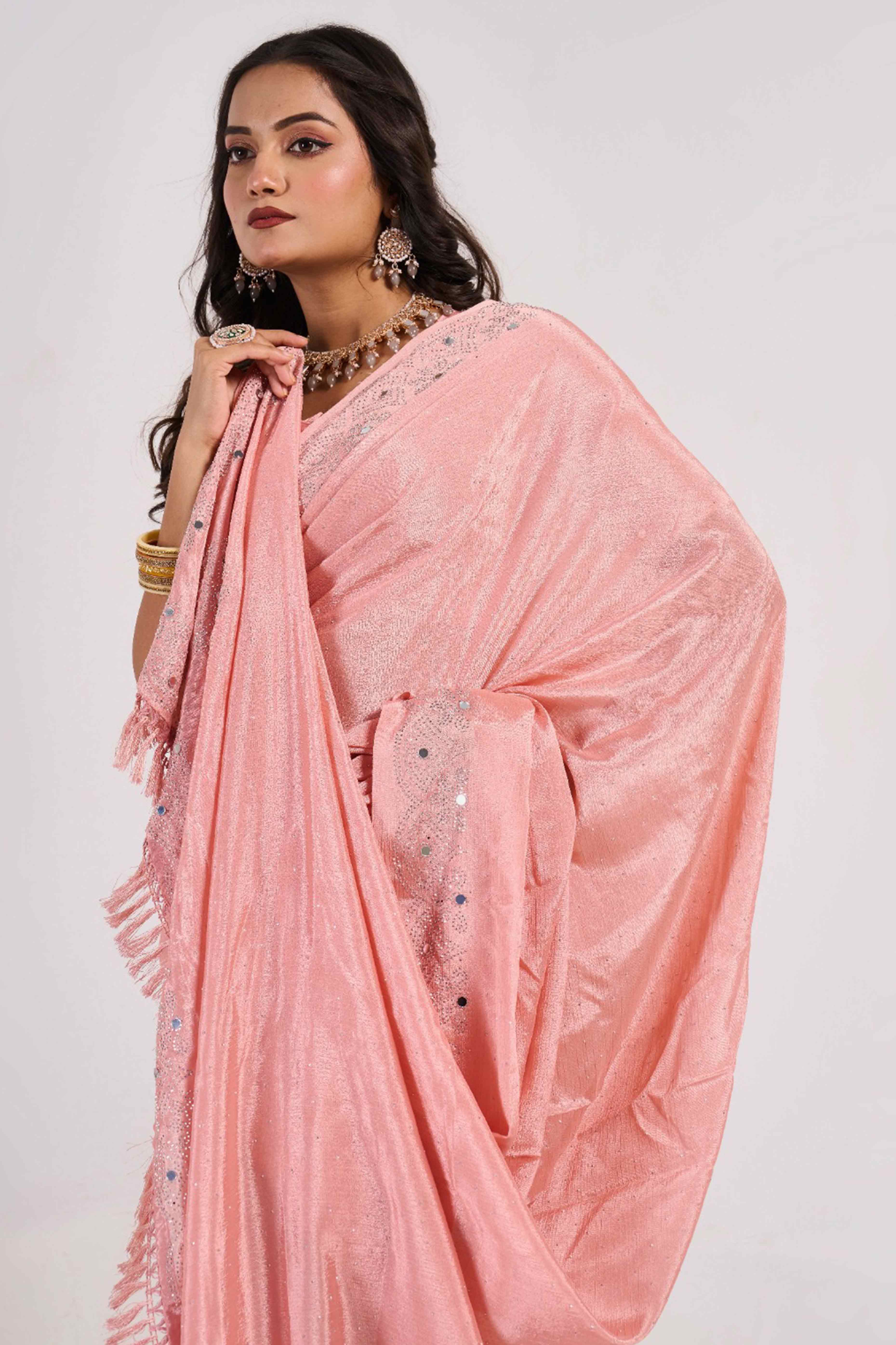 Peach Swarovski With Mirror Work Chinon Saree - Image 6