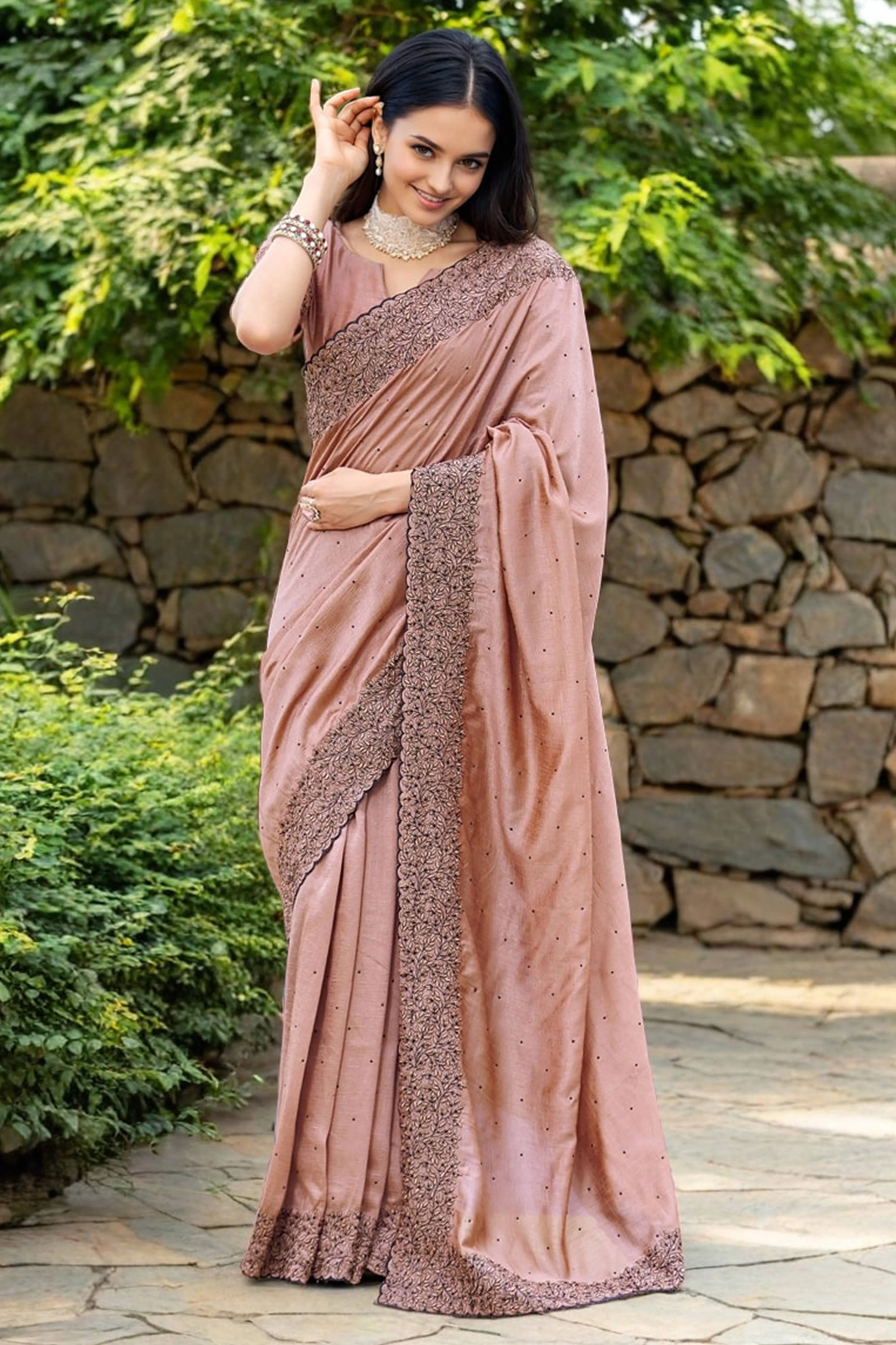 Peach Swarovski Work Rangoli Dola Silk Saree With An Eye Catching Border Design - Image 3