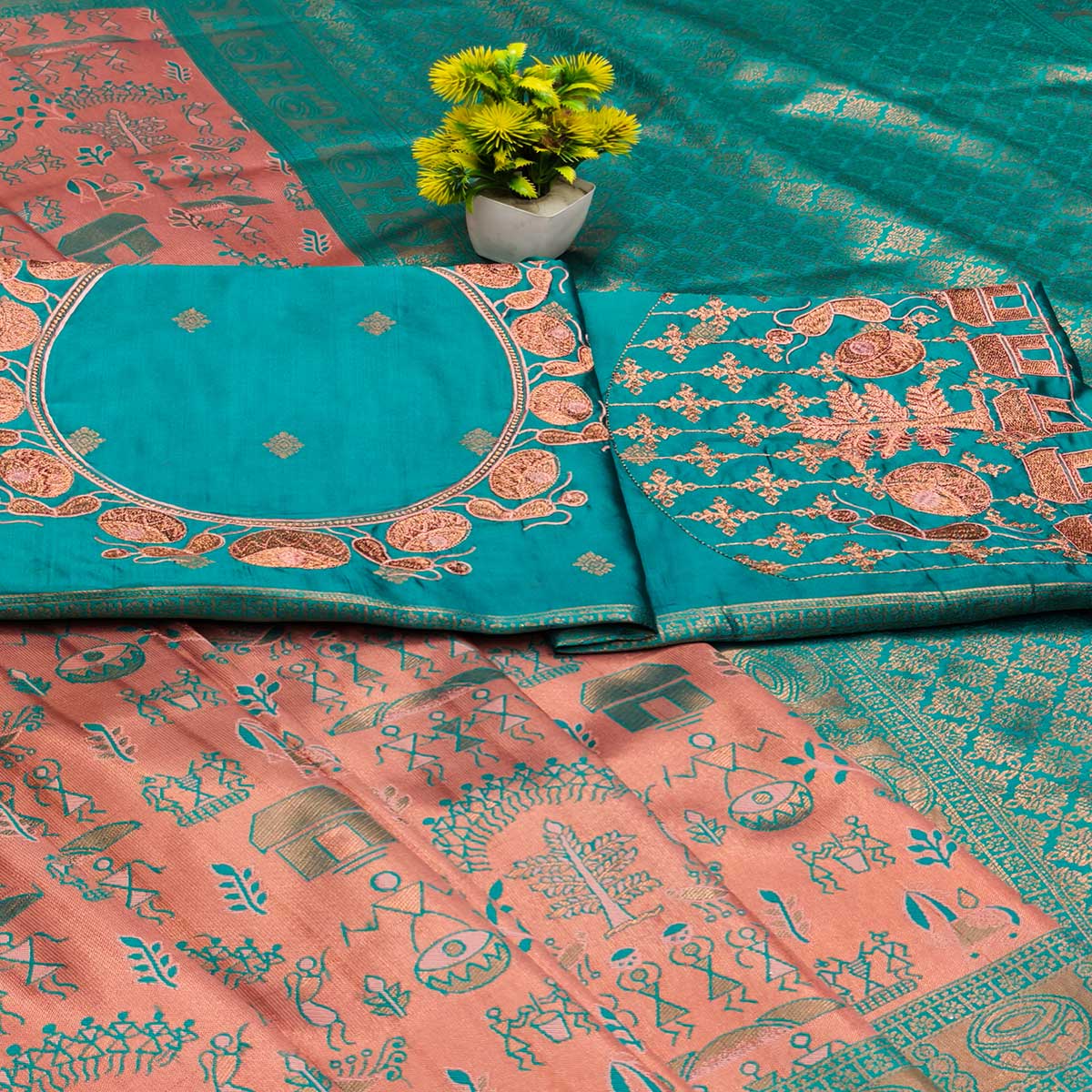 Peach & Teal Classic Tissue Silk Saree Highlighted with Zari Woven Motifs for Traditional Occasions - Image 2