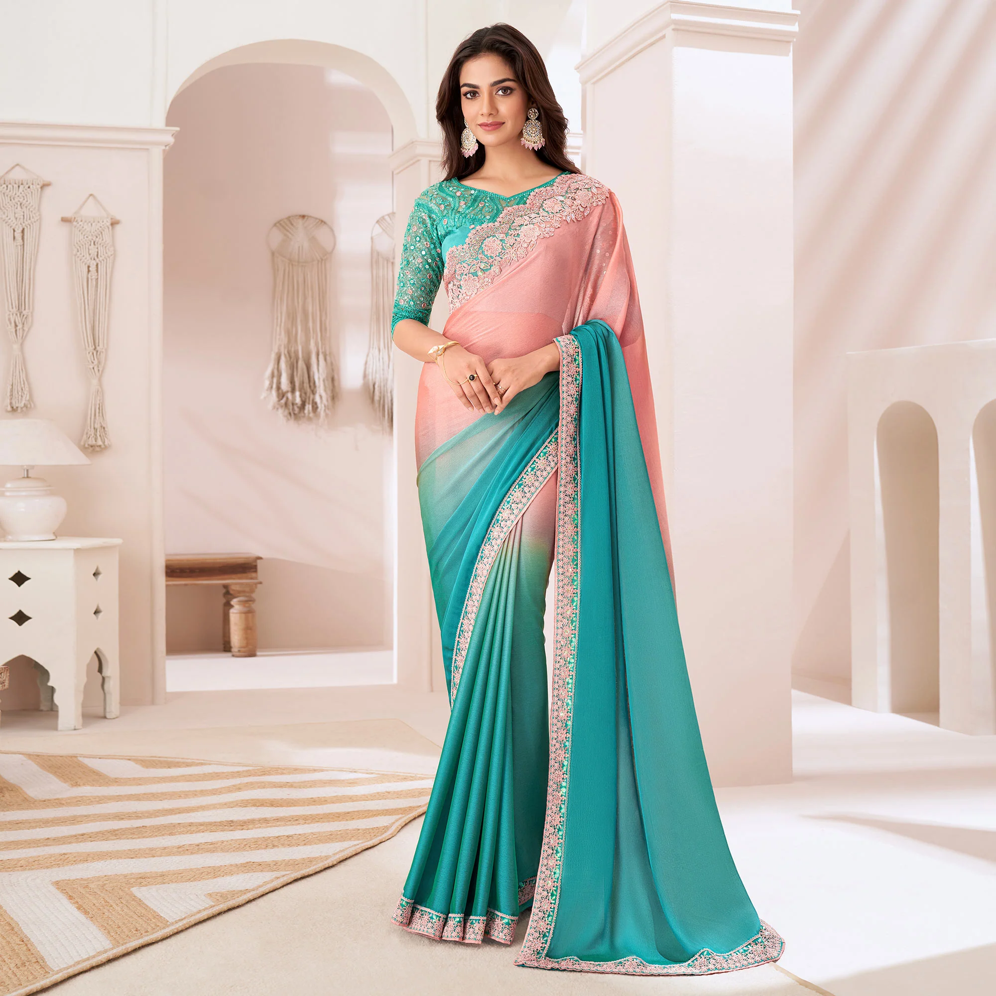 Peach & Turquoise Embroidered Chiffon Saree - Image 2