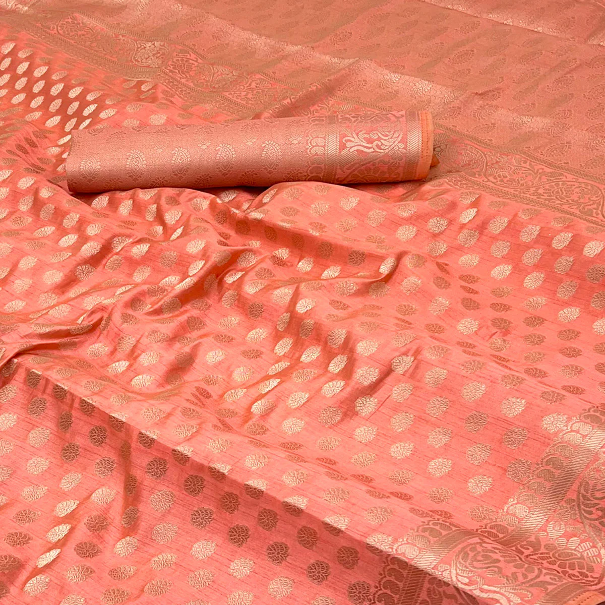 Peach Tusser Cotton Silk Saree Featuring Intricate Floral Zari Weave & Tassel Pallu - Image 2