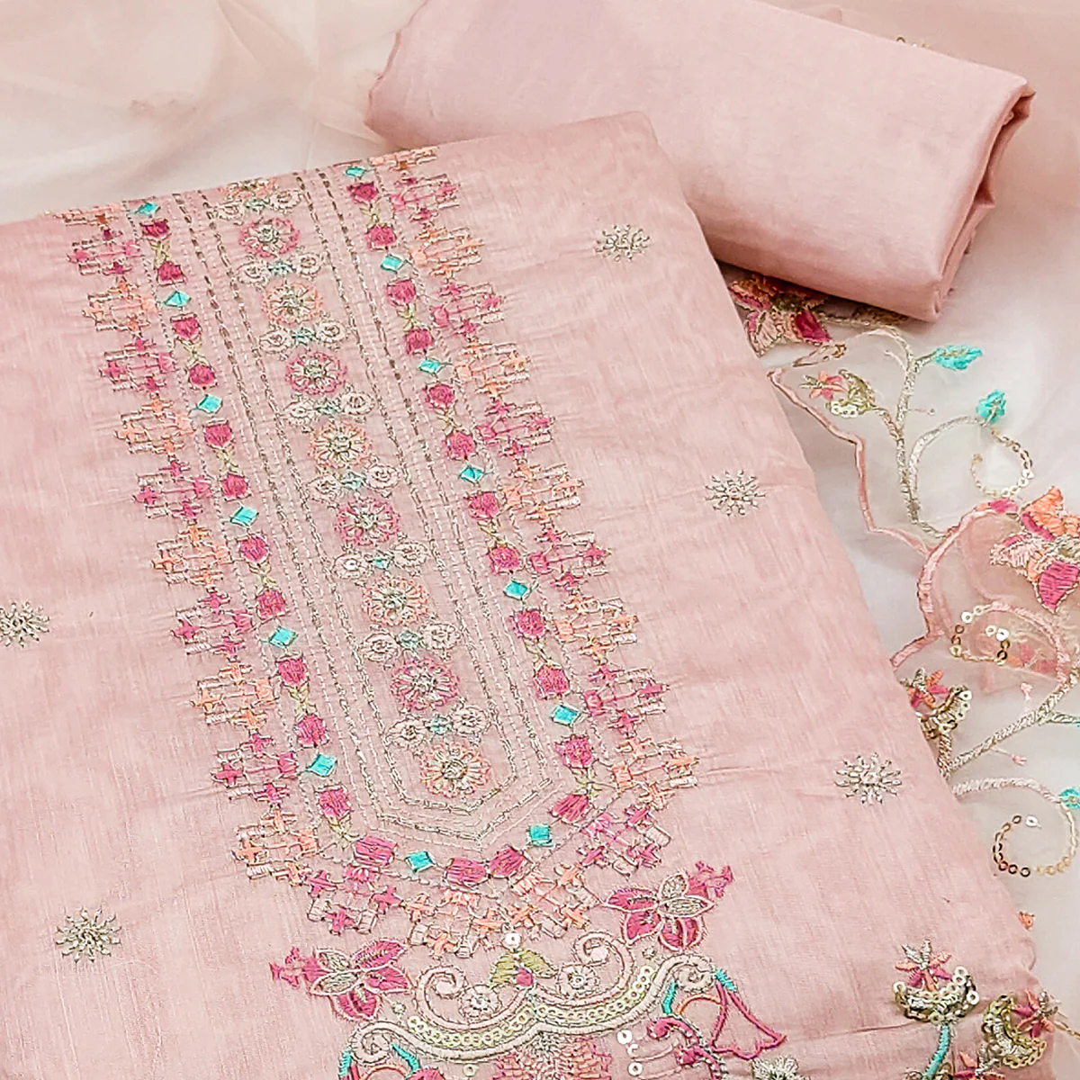 Peach Unstitched Chanderi Silk Dress Material with Delicate Sequins Work - Image 2