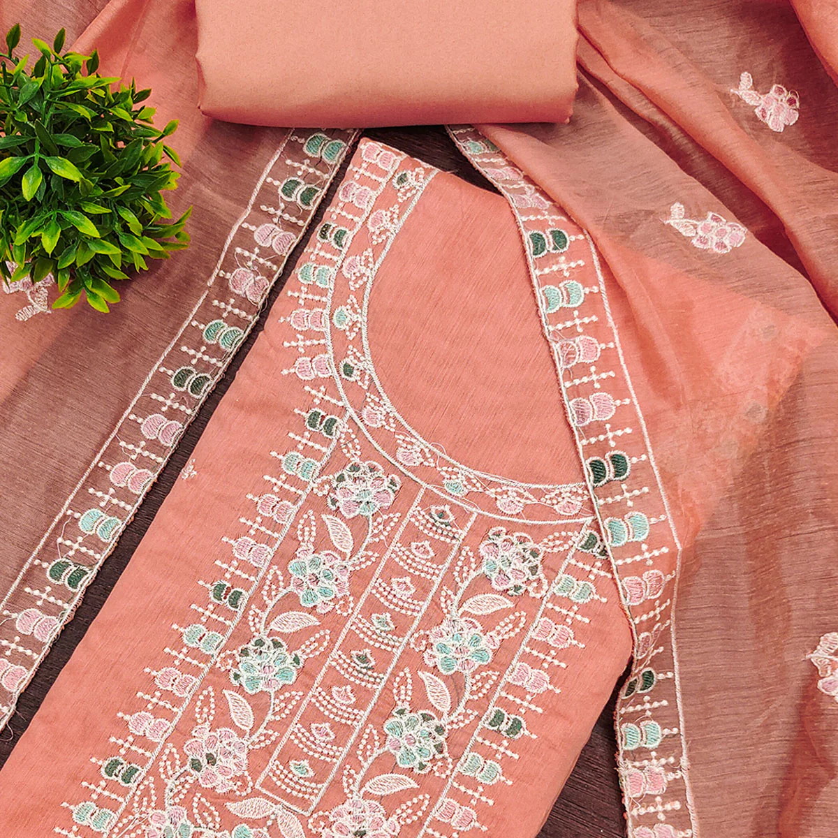 Peach Unstitched Suit Material in Premium Floral Thread Embroidered Chanderi Silk - Image 2