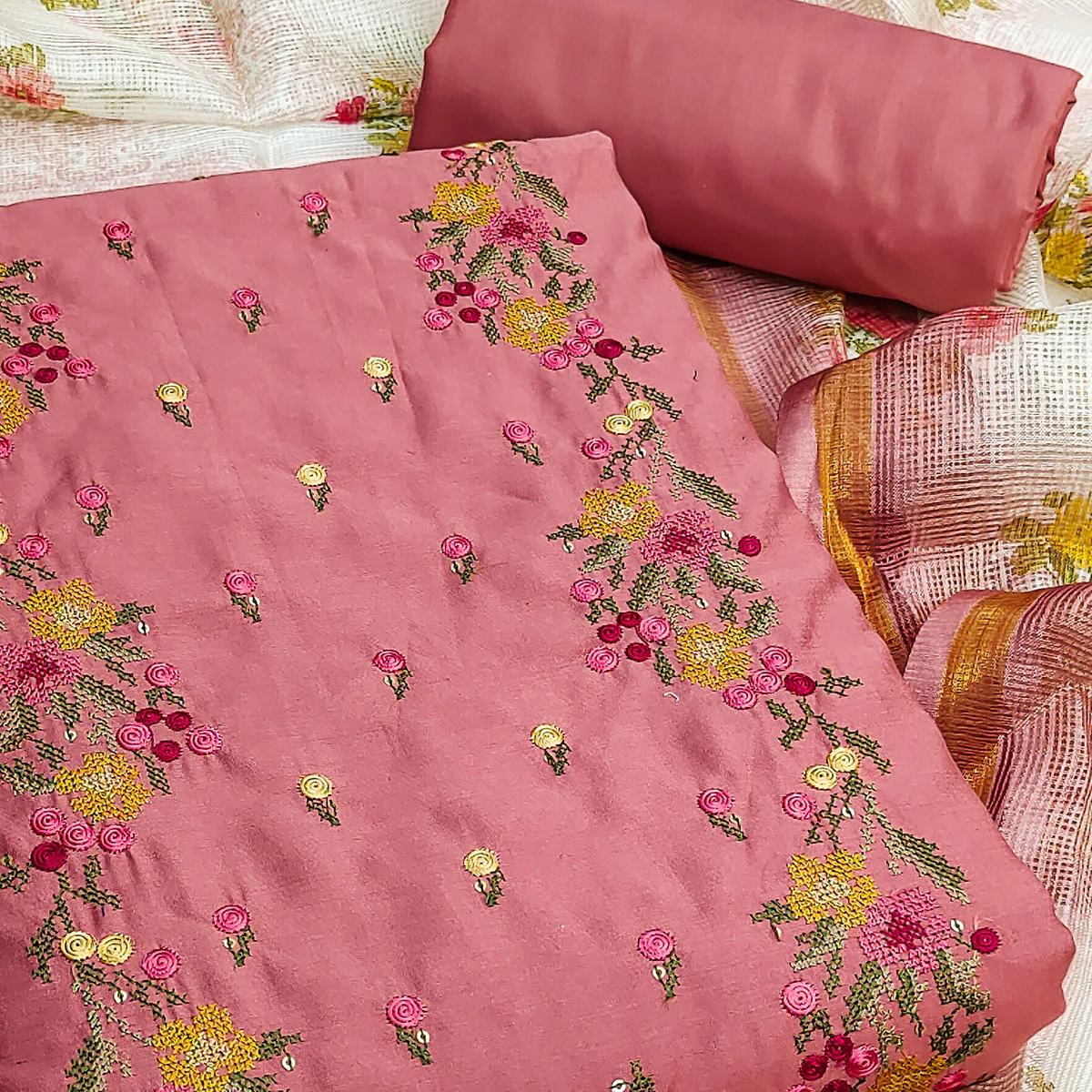 Peach Viscose Dress Material With Floral Embroidered Neckline - Image 2