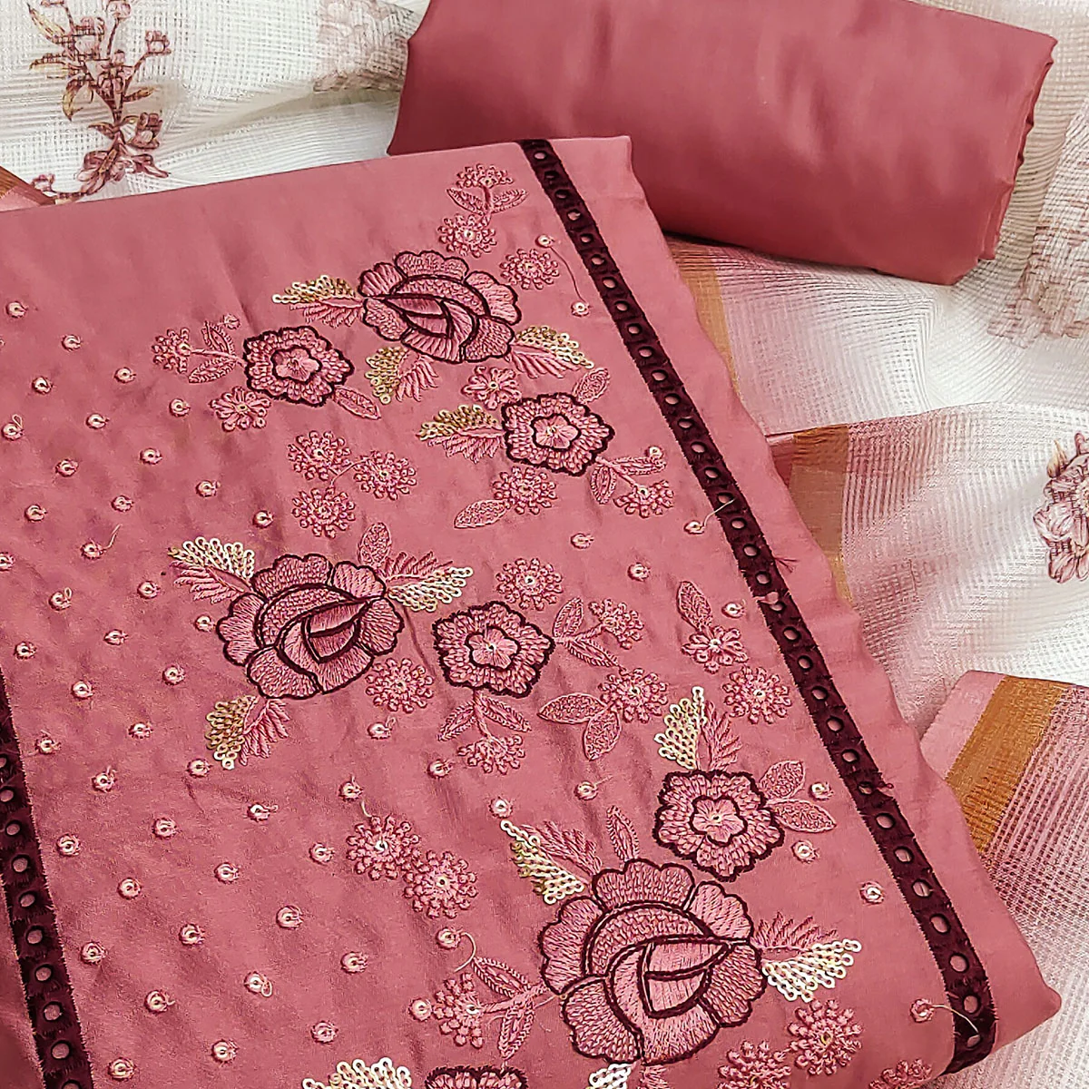 Peach Viscose Dress Material With Stunning Floral Sequin Embroidery - Image 2