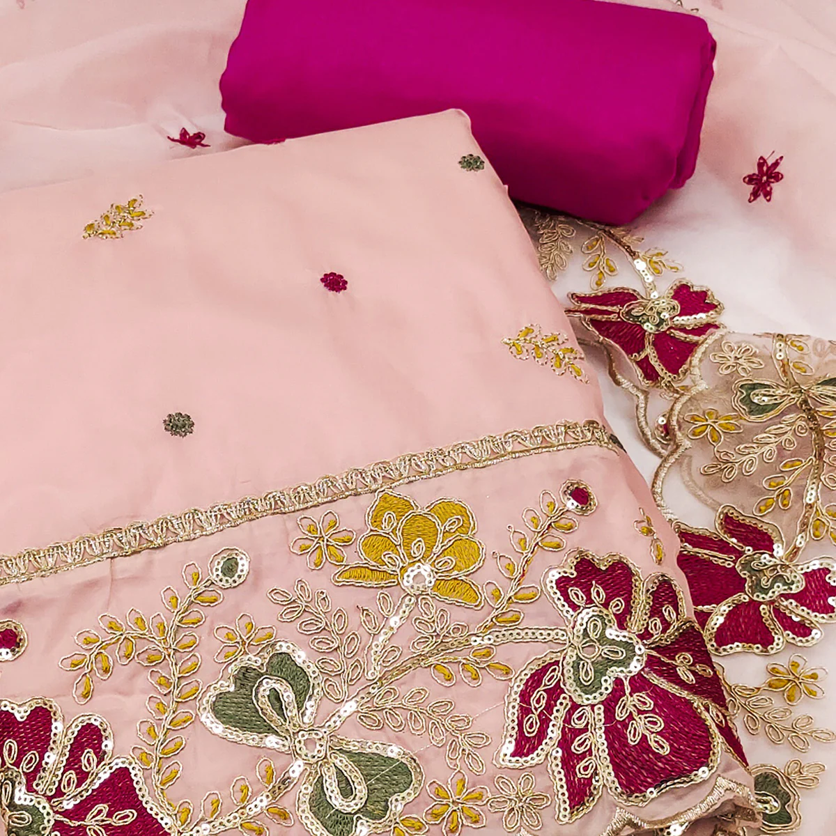 Peach Viscose Organza Dress Material Adorned with Cording & Sequin Embroidery Work - Image 2