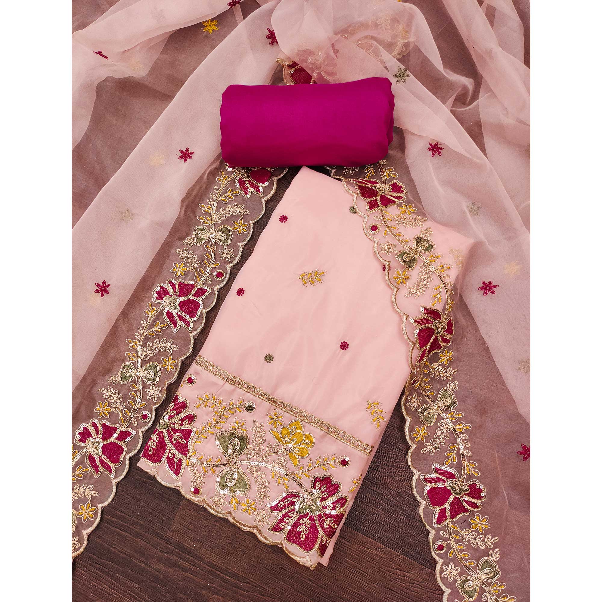 Peach Viscose Organza Dress Material Adorned with Cording & Sequin Embroidery Work - Image 3