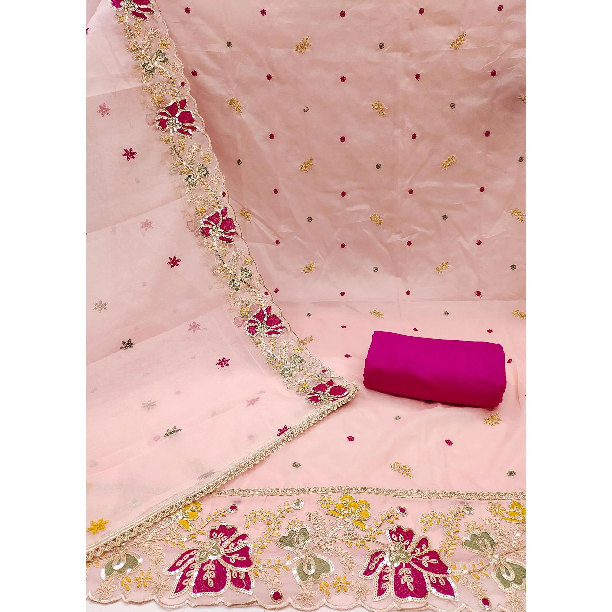 Peach Viscose Organza Dress Material Adorned with Cording & Sequin Embroidery Work - Image 4