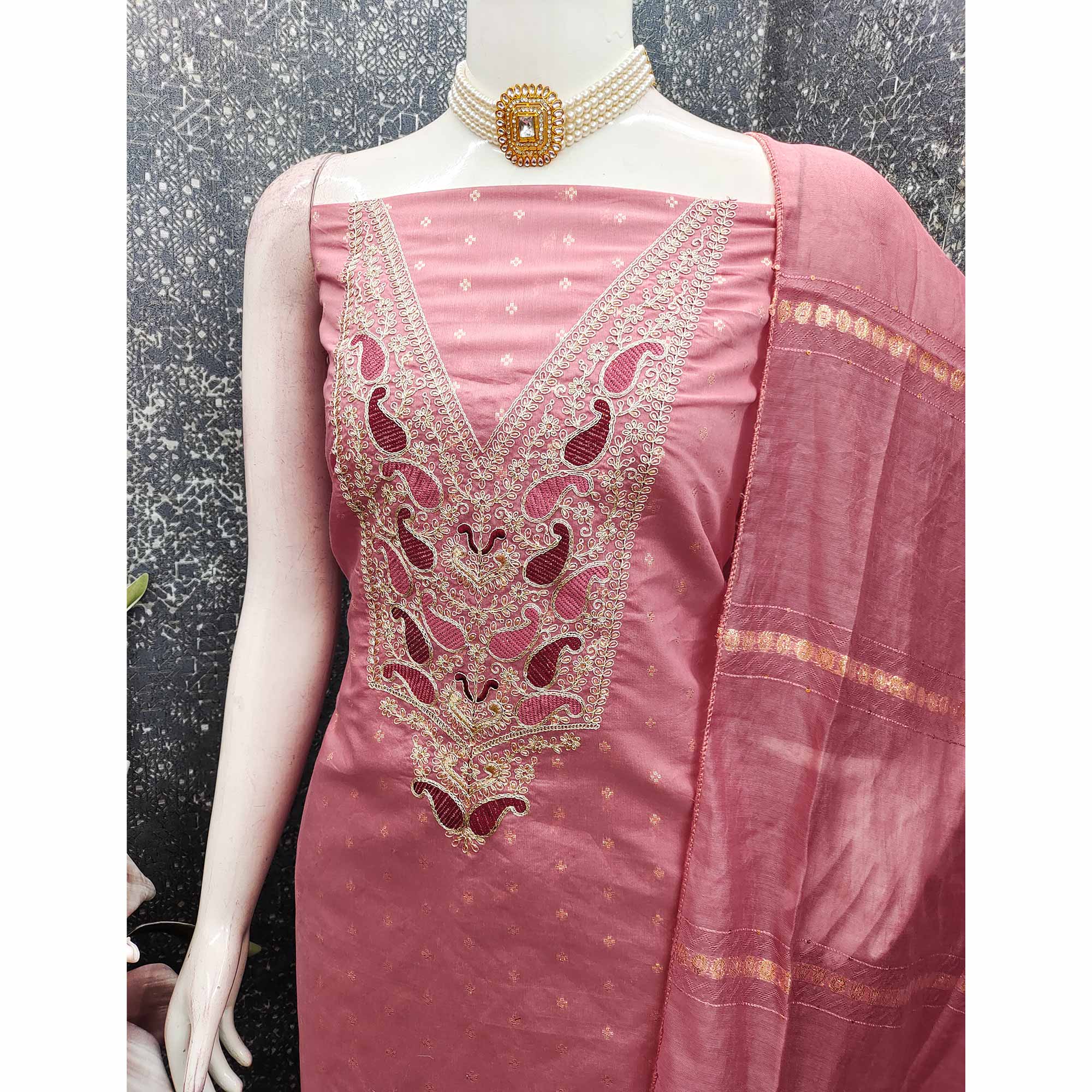 Peach Weaving Chanderi Silk Dress Material Adorned With Cording Embroidery & Sequins Work - Image 4