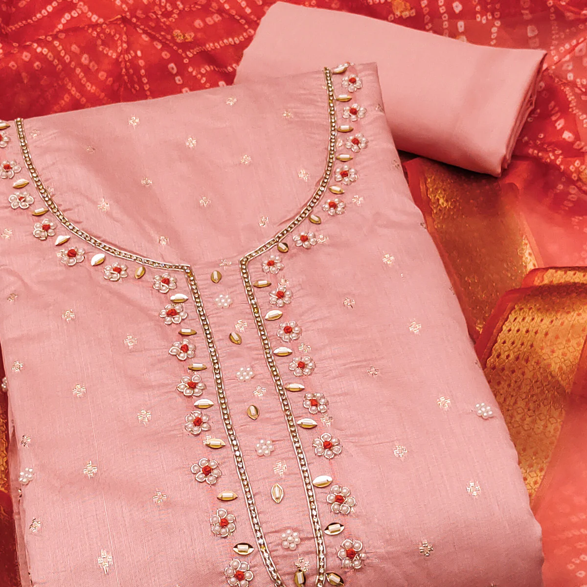 Peach Woven Banarasi Cotton Silk Dress Material with Artistic Bead Work and Classic Texture - Image 2
