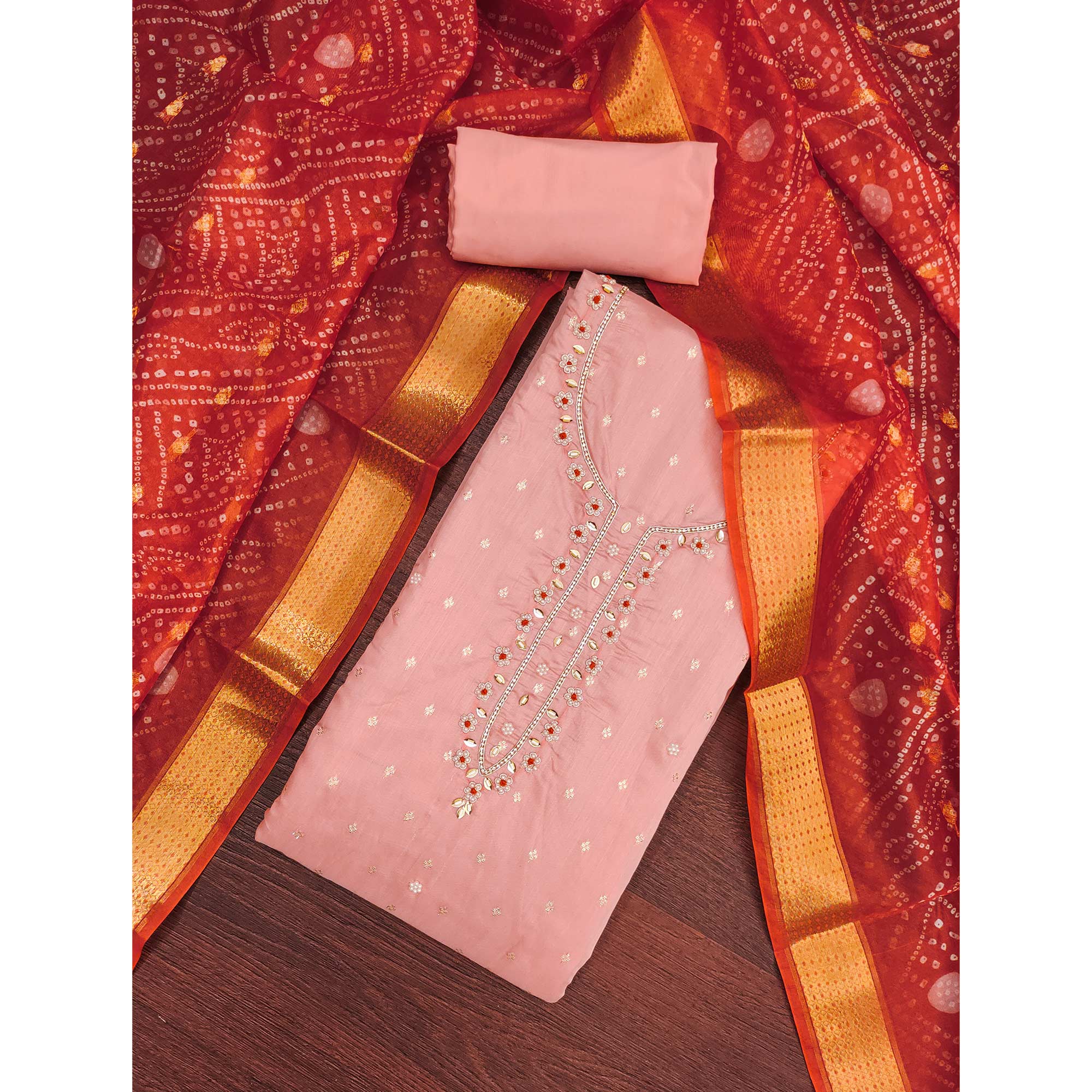 Peach Woven Banarasi Cotton Silk Dress Material with Artistic Bead Work and Classic Texture - Image 3