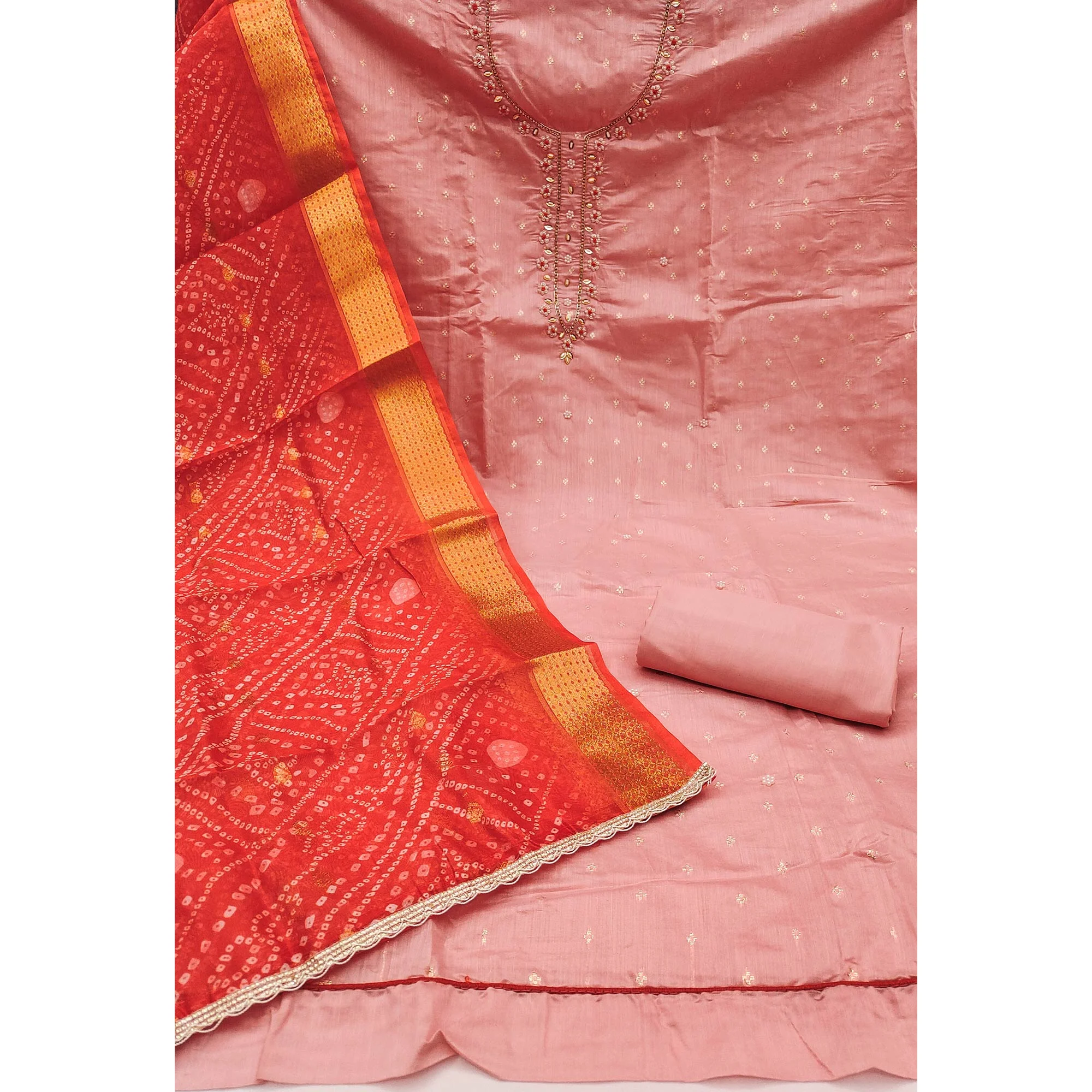 Peach Woven Banarasi Cotton Silk Dress Material with Artistic Bead Work and Classic Texture - Image 4