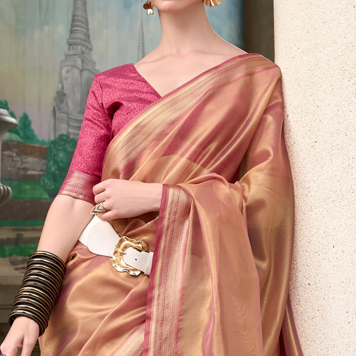 Peach Woven Tissue Silk Saree With Tassels - Image 2