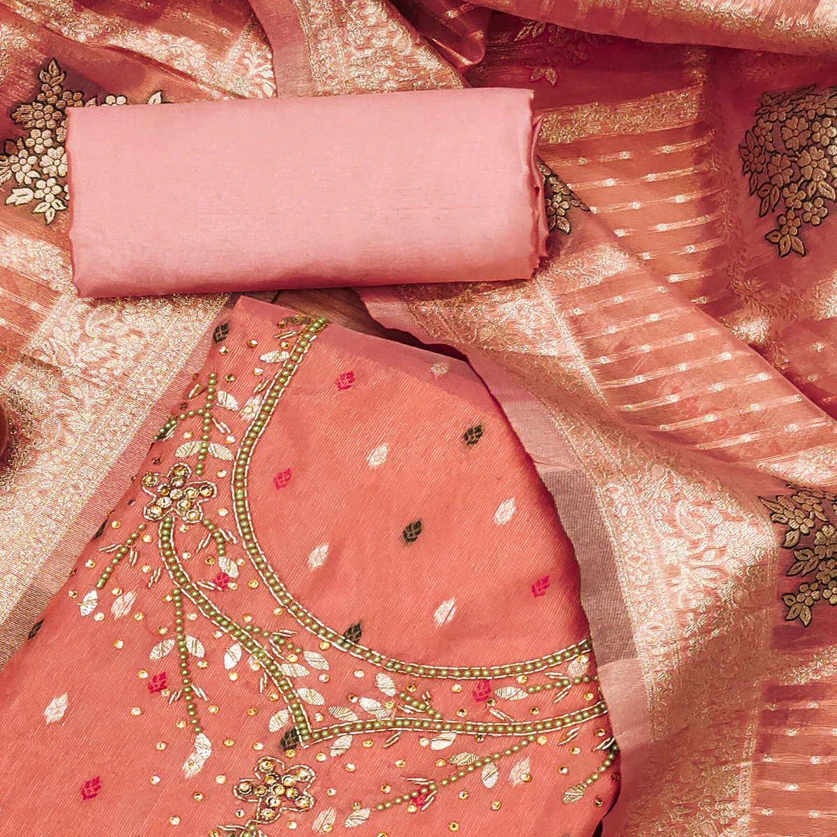 Peach Woven With Handwork Simmer Jacquard Dress Material - Image 2