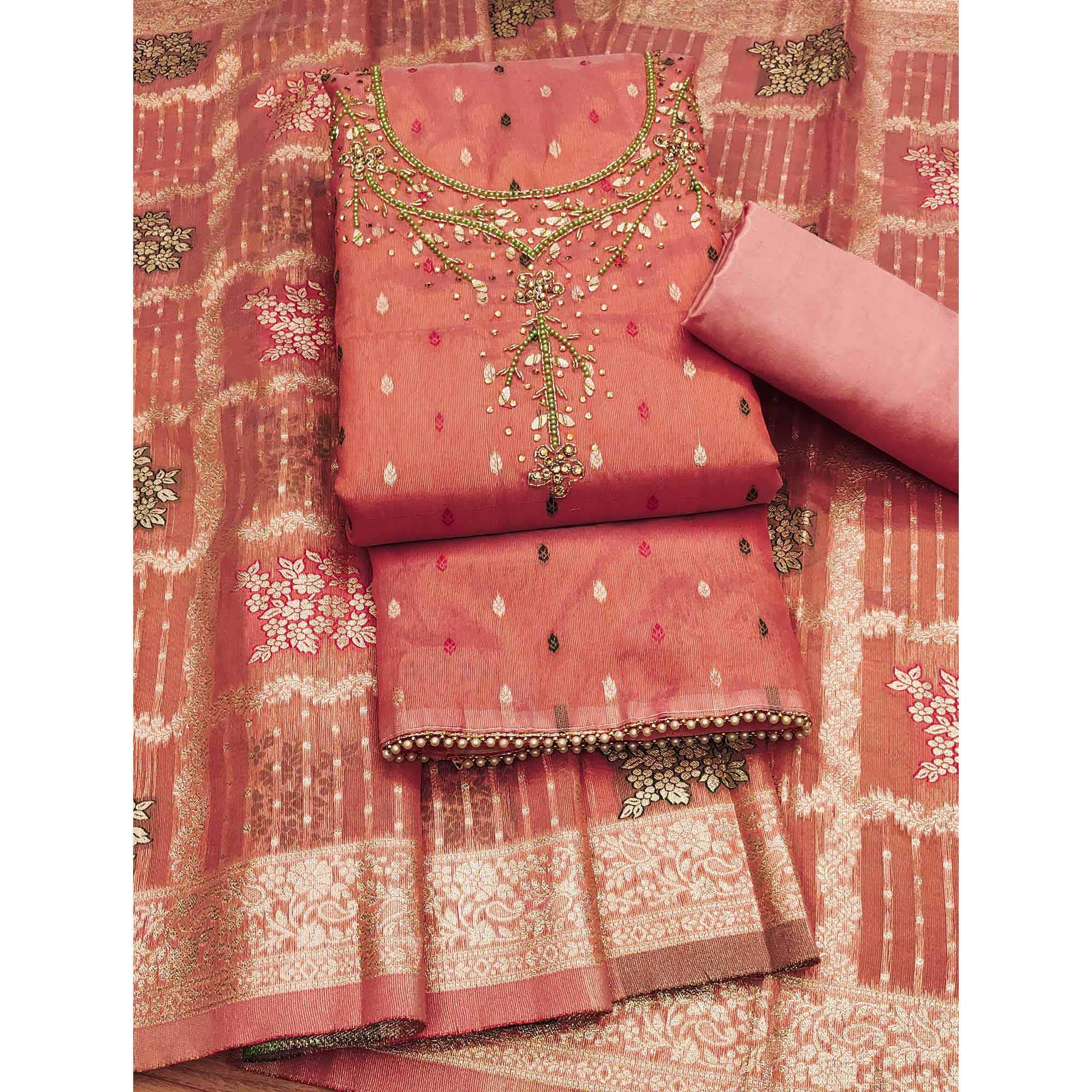Peach Woven With Handwork Simmer Jacquard Dress Material - Image 3