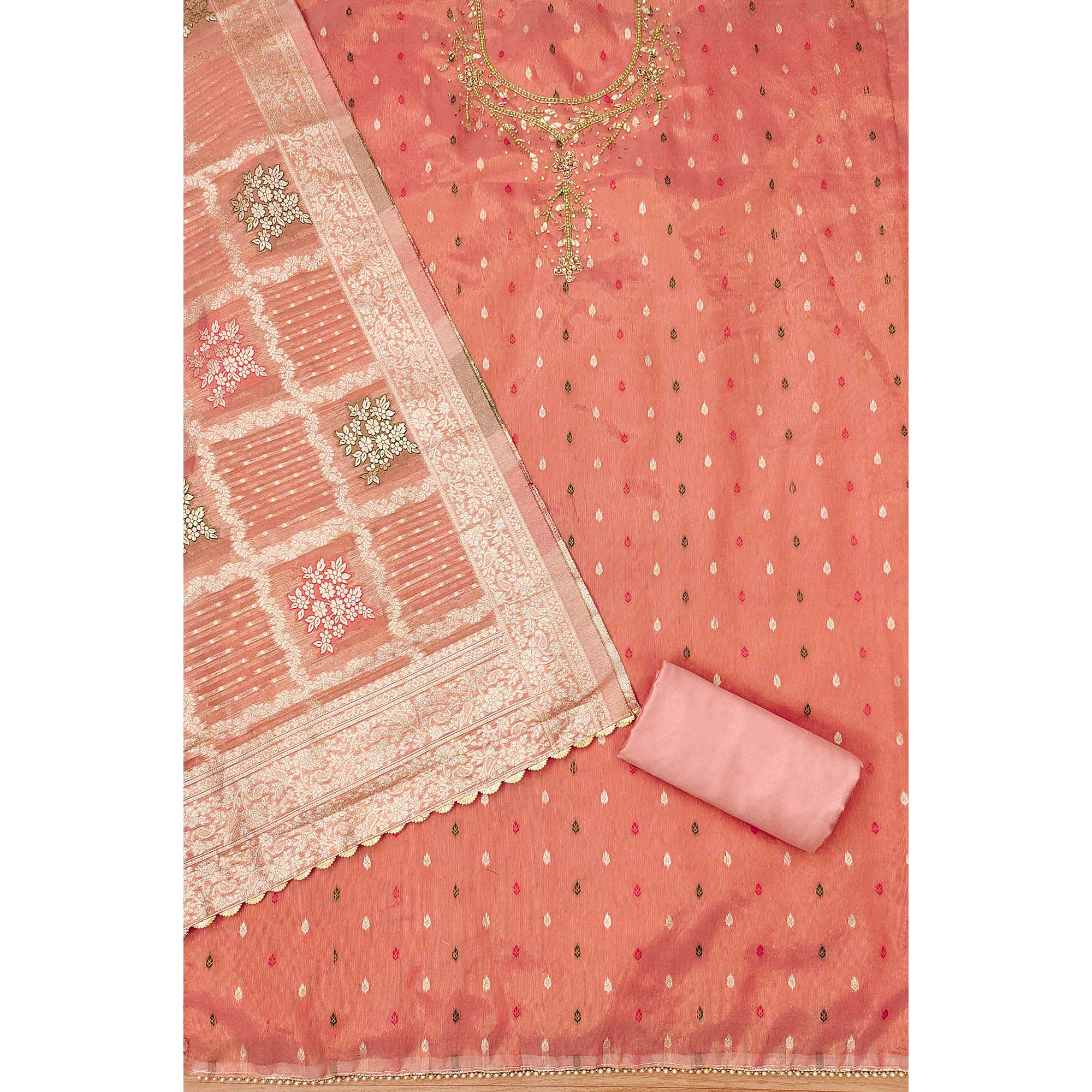 Peach Woven With Handwork Simmer Jacquard Dress Material - Image 4