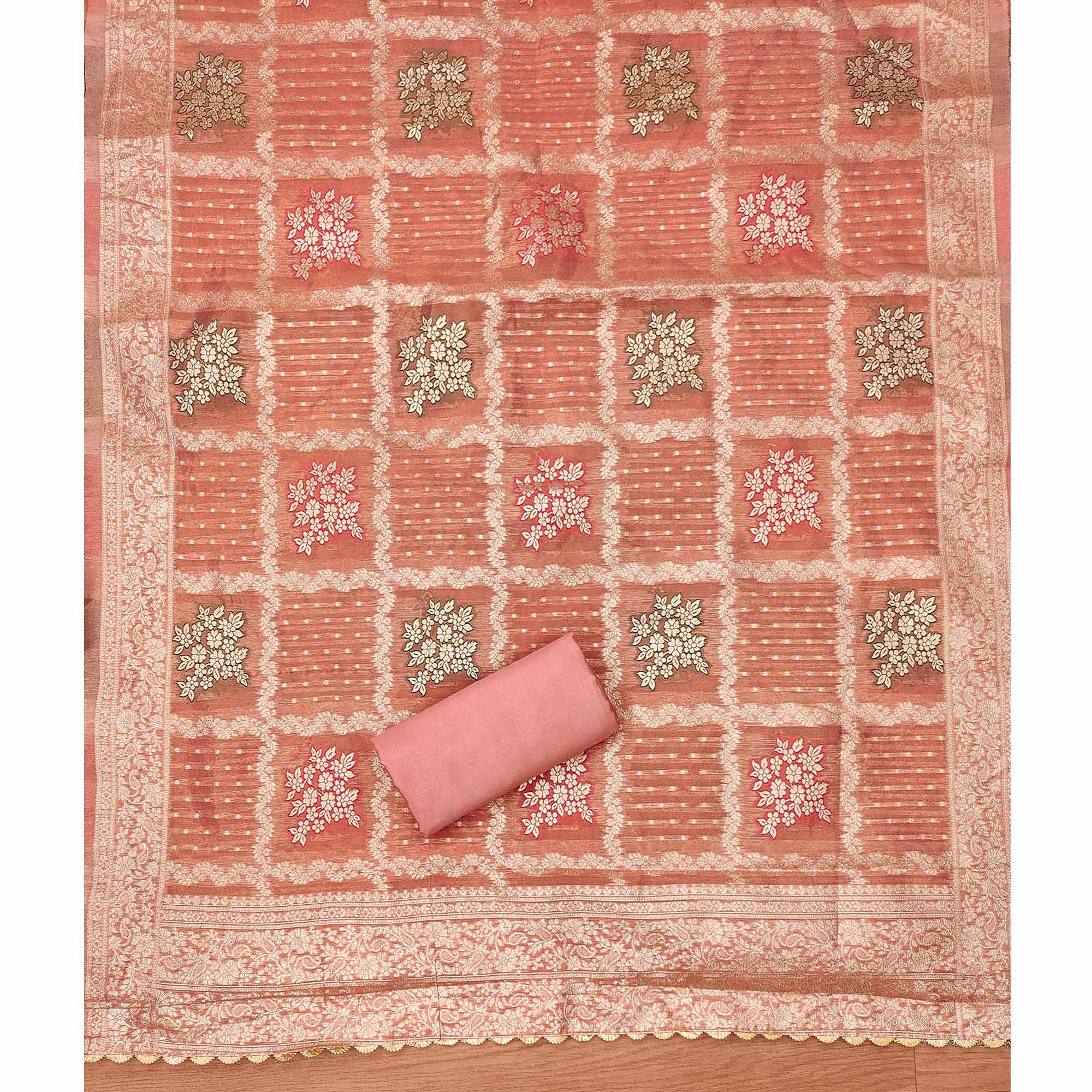 Peach Woven With Handwork Simmer Jacquard Dress Material - Image 5