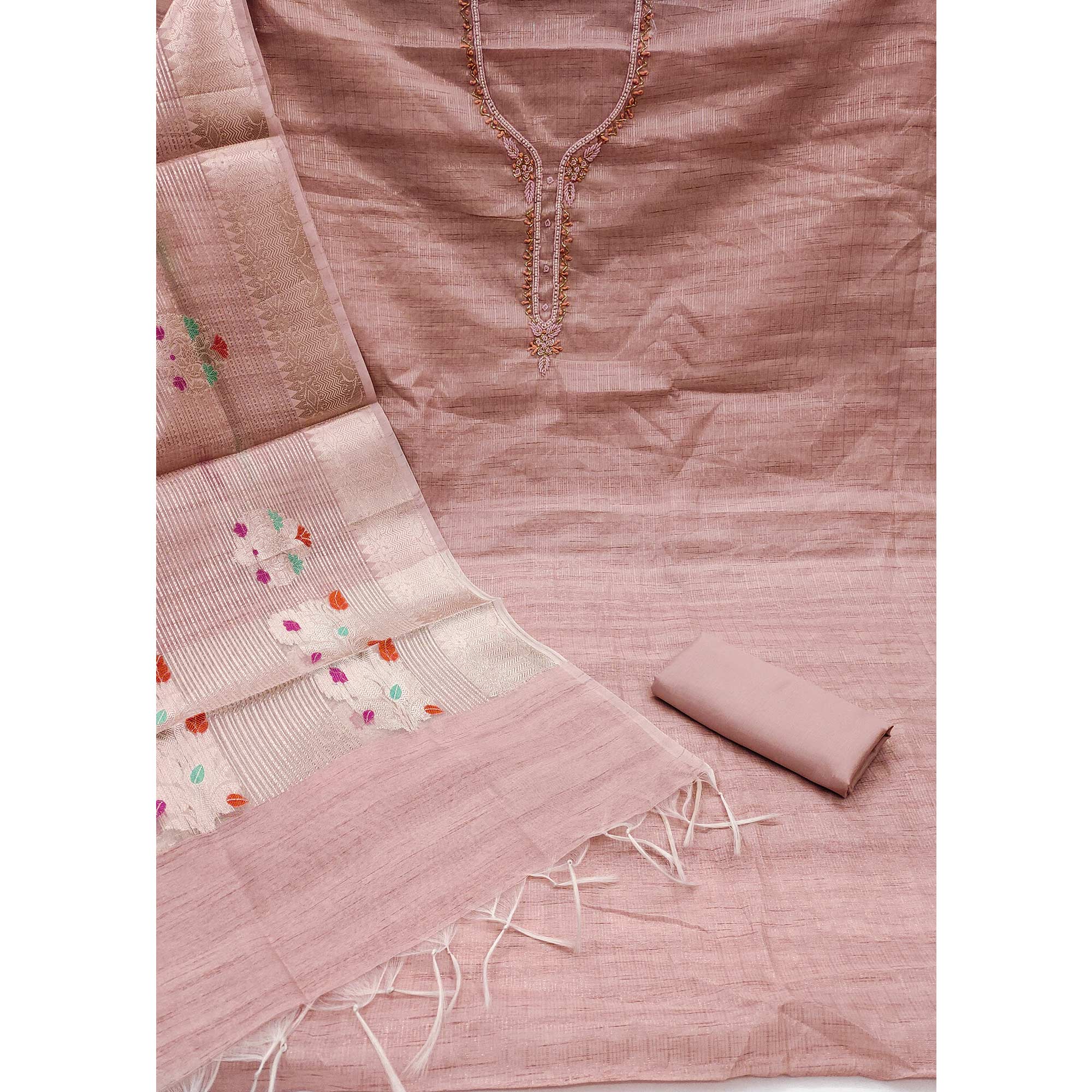 Peach Woven With Handwork Tissue Dress Material - Image 3