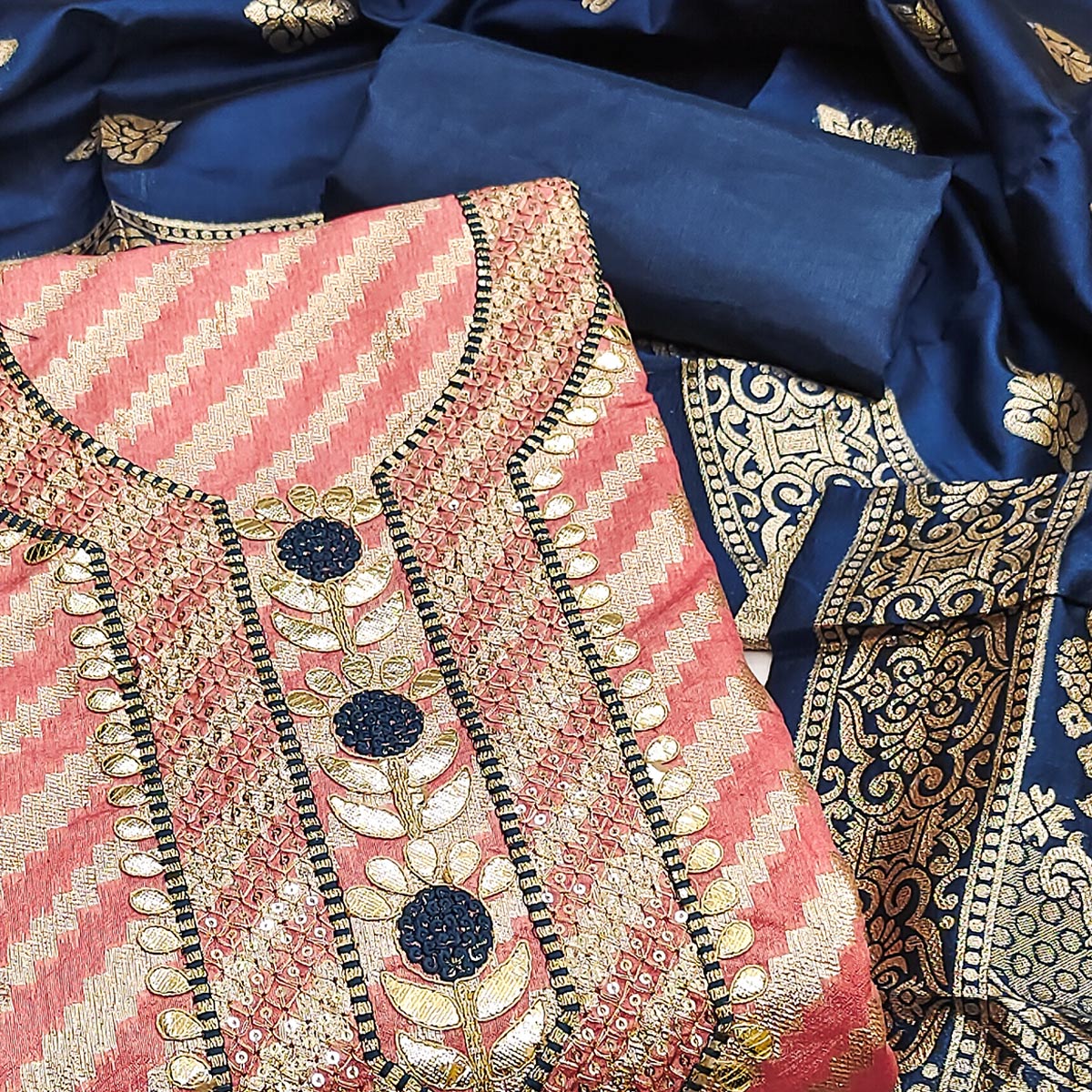 Peach Woven With Sequins Embroidery & Gota Patti Work Banarasi Silk Dress Material - Image 2