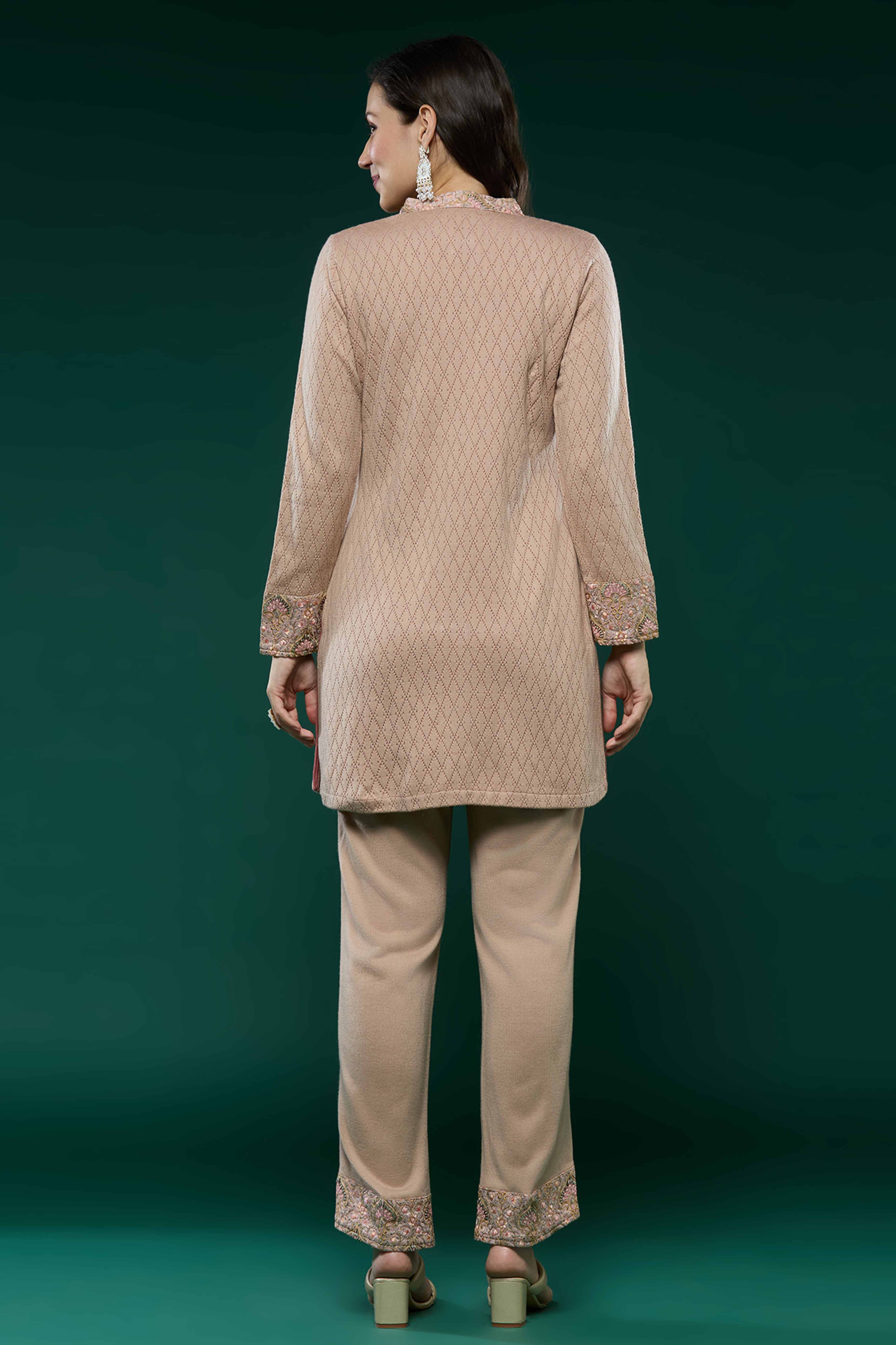 Peach Woven Woolen Front Slit Top Bottom Set - Image 3