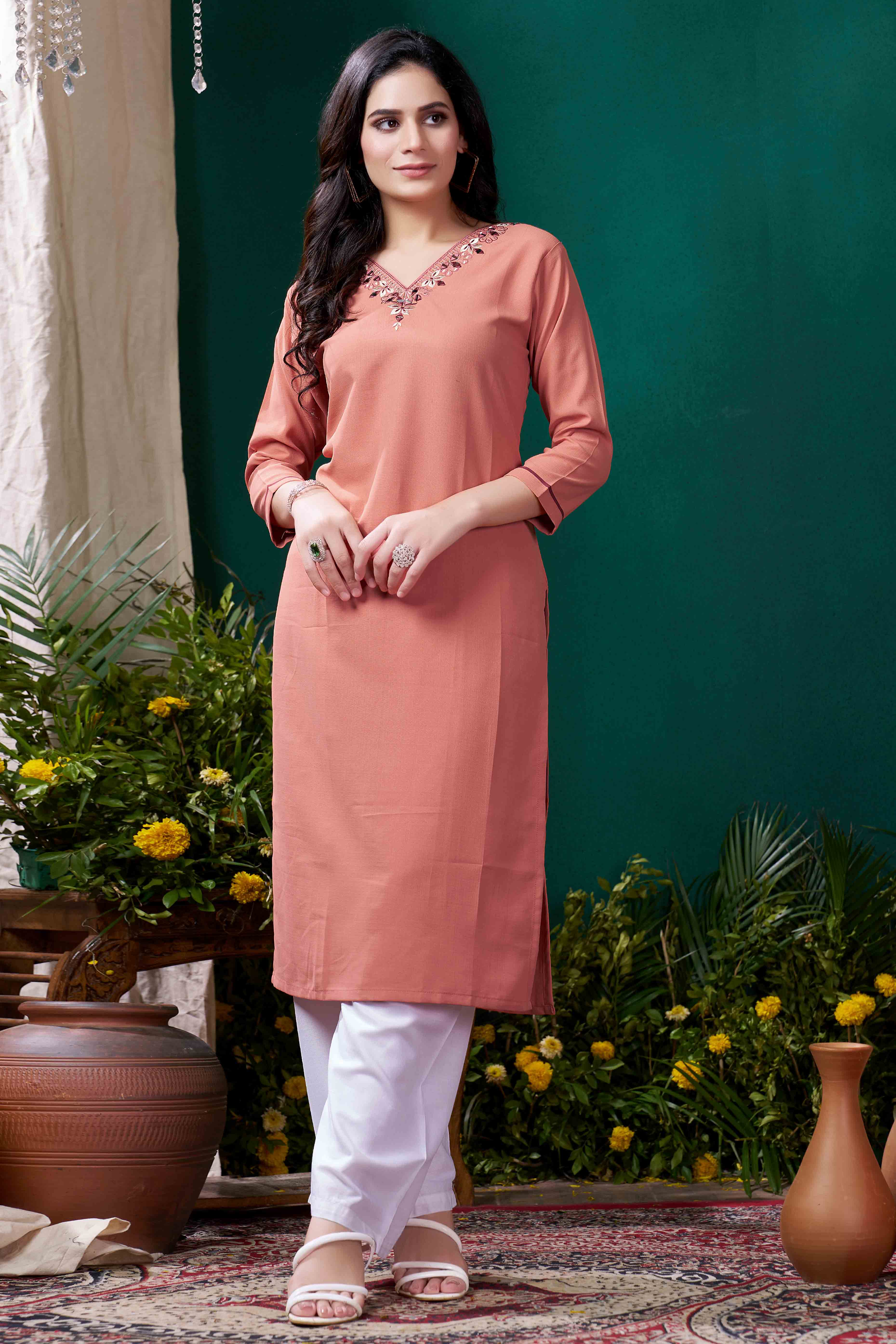 Peach Yoke Embroidered Pure Cotton Straight Kurti - Image 3