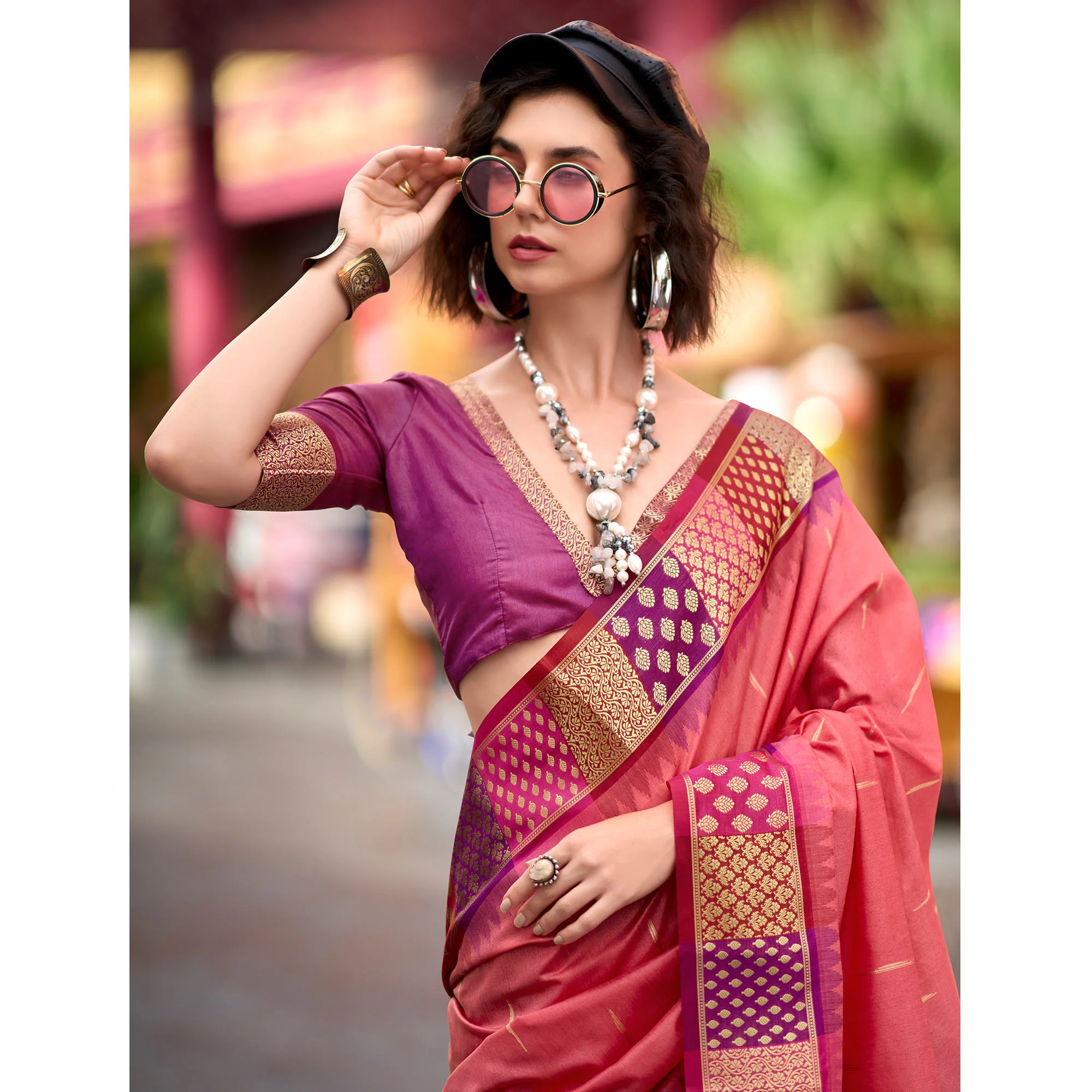 Peach Zari Motifs Woven Soft Banarasi Silk Saree - Image 5