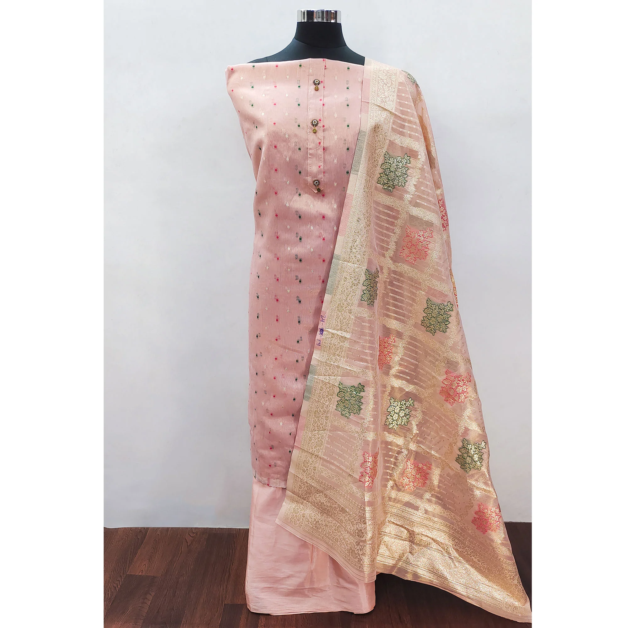 Peach Zari Weaving Banarasi Silk Dress Material - Image 3