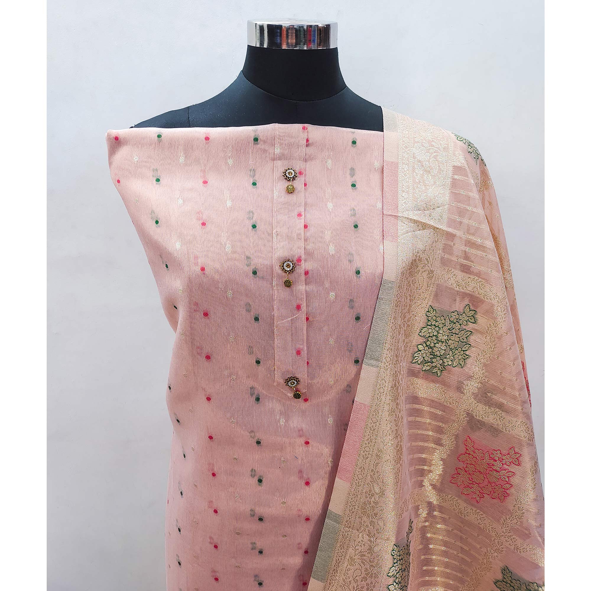 Peach Zari Weaving Banarasi Silk Dress Material - Image 4